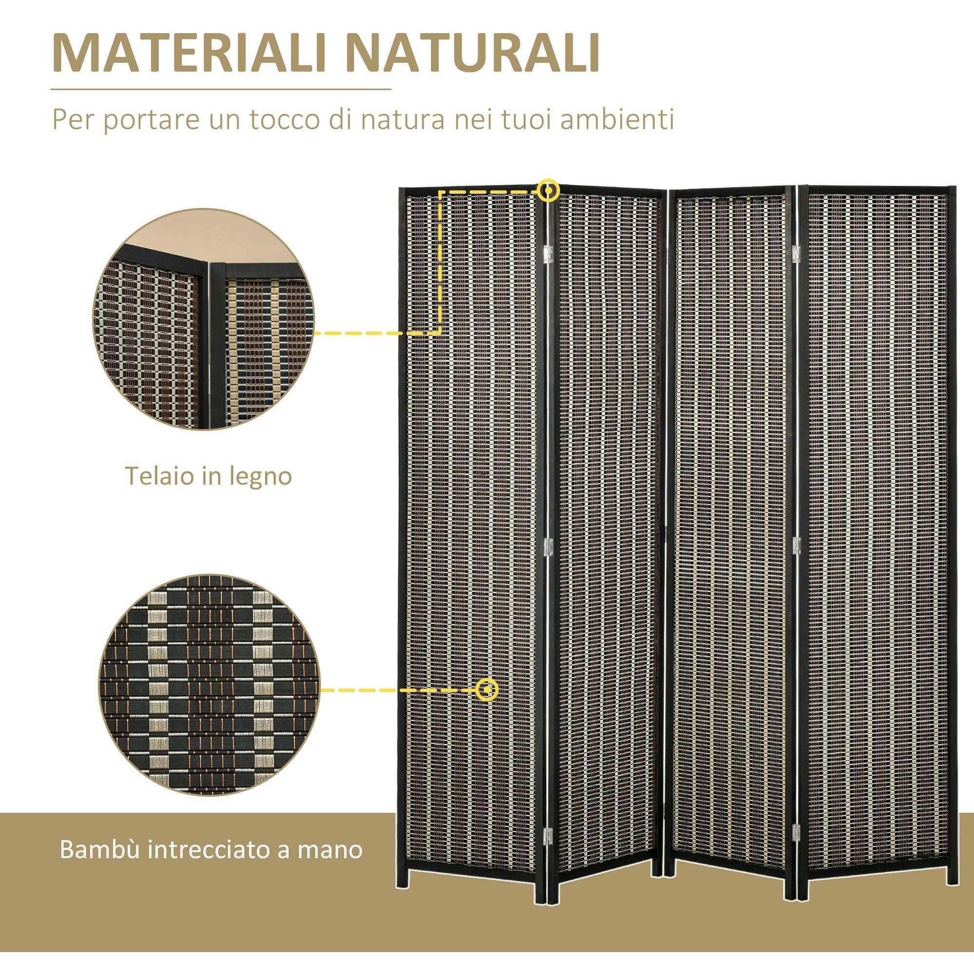 Indoor Room Divider, 4-Panel Folding Screen, Wooden and Bamboo Room Divider, 180x180x1.9cm, Black and Brown - Borgè