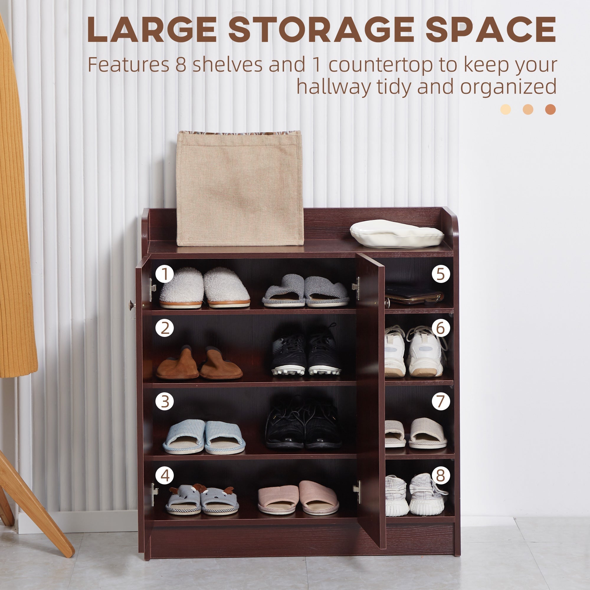 Modern Scarp Closer and wooden saving for 12 pairs with 4 open shelves, 83x30x90 cm, coffee color - Borgè
