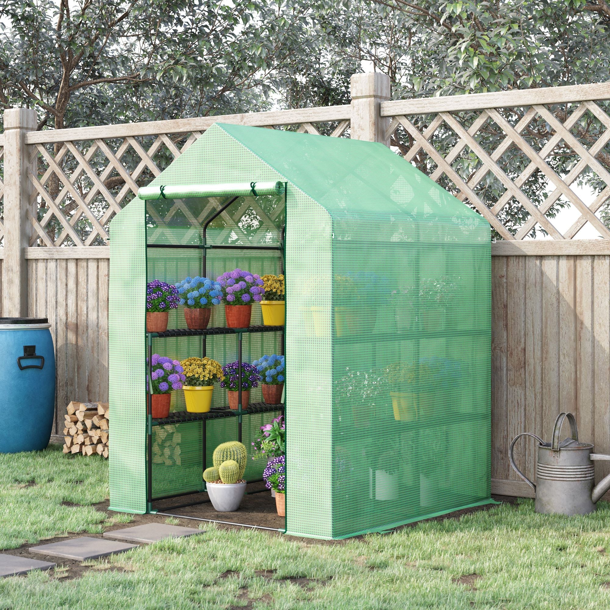 Garden Greenhouse with Shelves, PE Cover and Roll-Up Door, 143x138x190 cm, Green - Borge' Group Limited