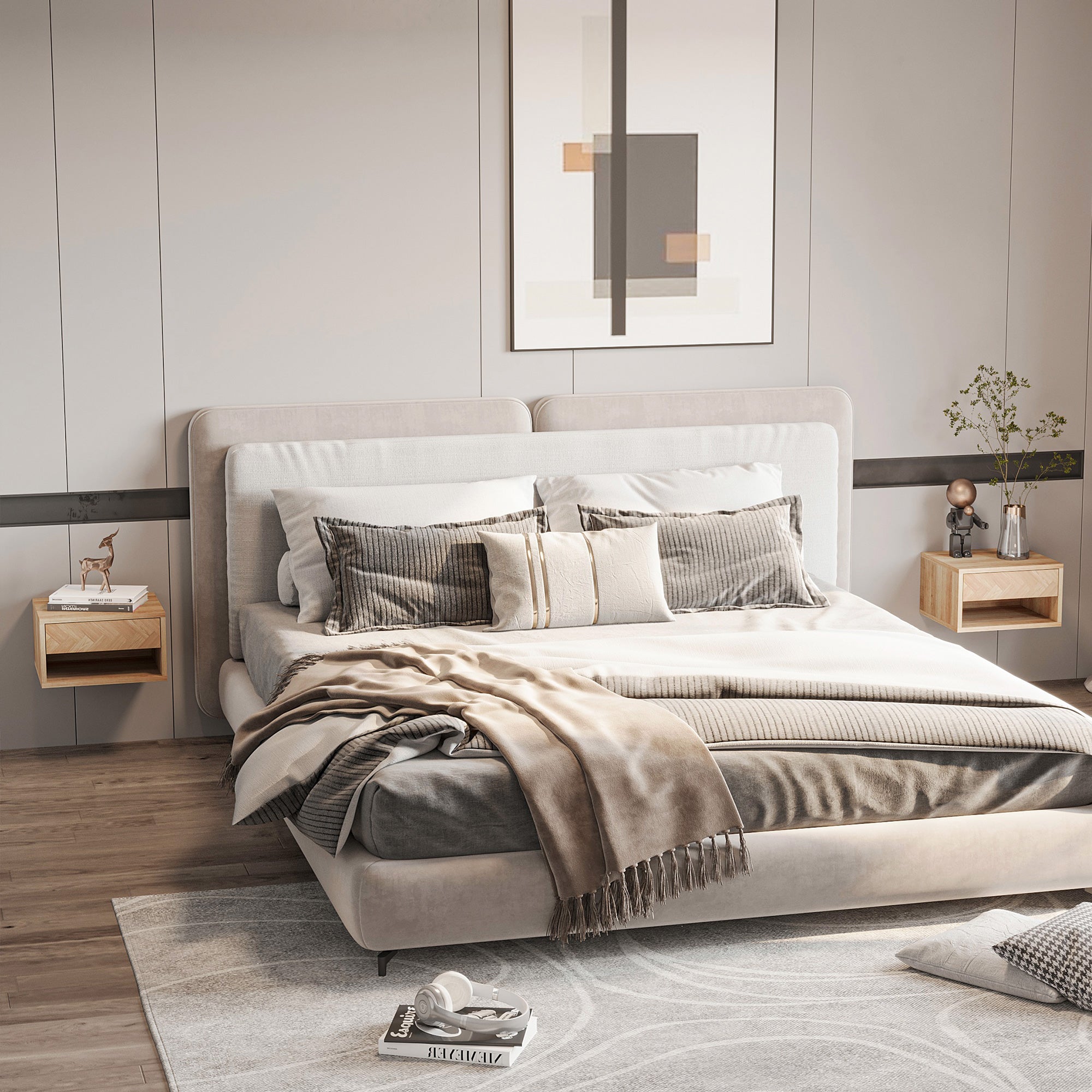 Set 2 modern bedside tables suspended with drawer and wooden shelf 37x32x21cm, natural color - Borgè