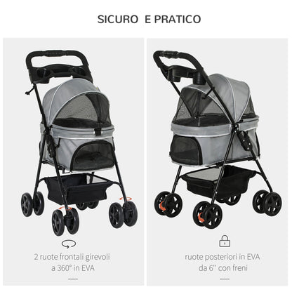 Pawhut Folding dog stroller with safety leash and storage basket, Grey - Borgè