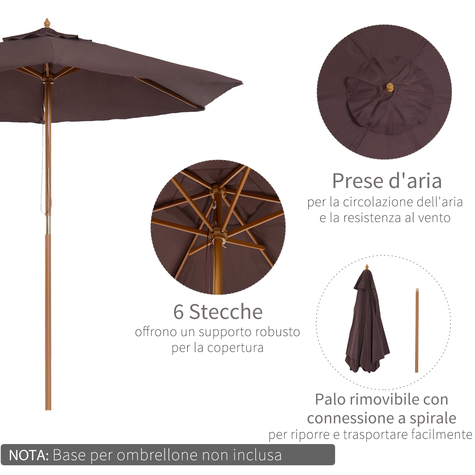 Garden Umbrella 2.5x2.3 m with 6 Ribs and Crank Handle, Made of Wood and Polyester, Brown - Borge' Group Limited