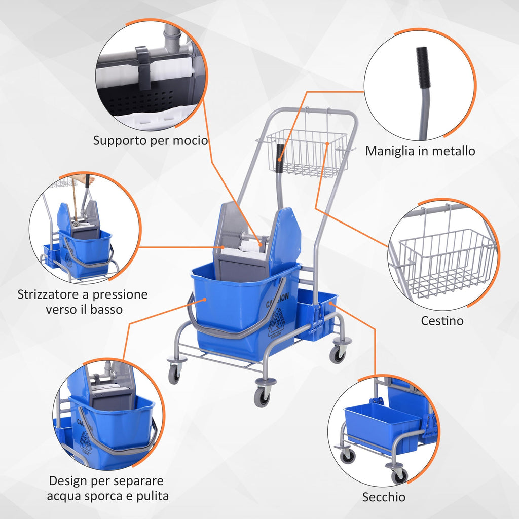 Professional cleaning cart with 25L and stripper bucket, blue - Borgè