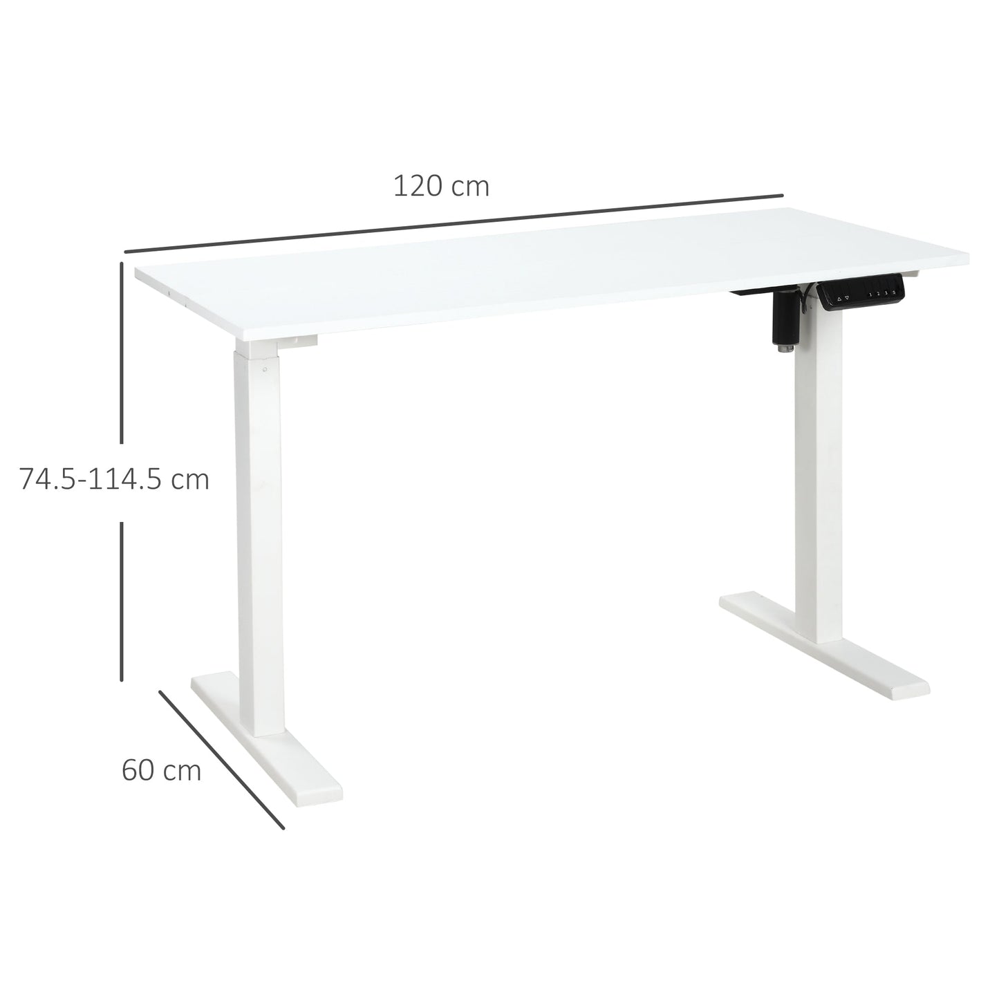 White Office Desk | Electrically Adjustable at 3 heights | 120x60x74.5-114.5cm