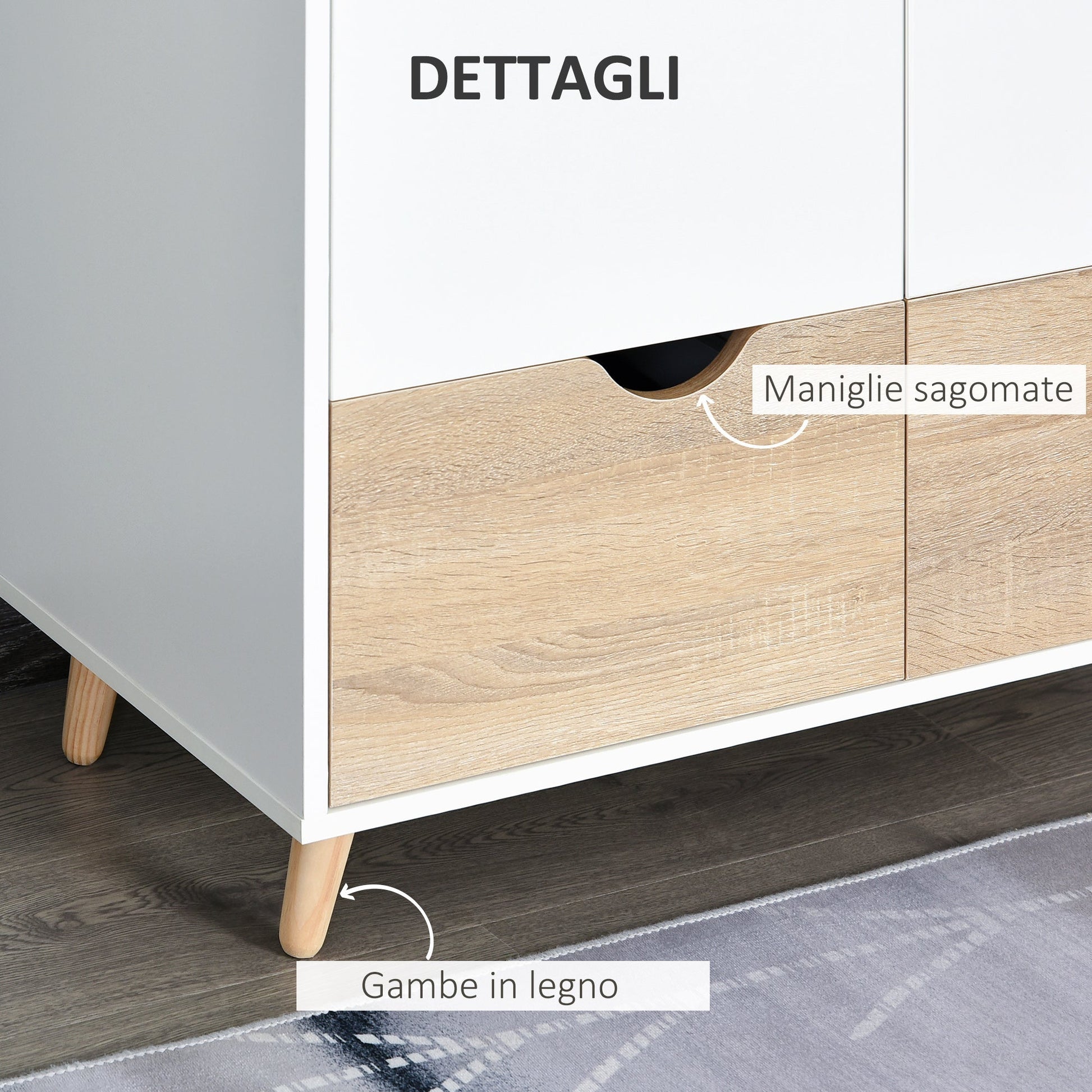 wardrobe with two wooden doors with 1 shelf and 2 drawers with white carved handles - Borgè