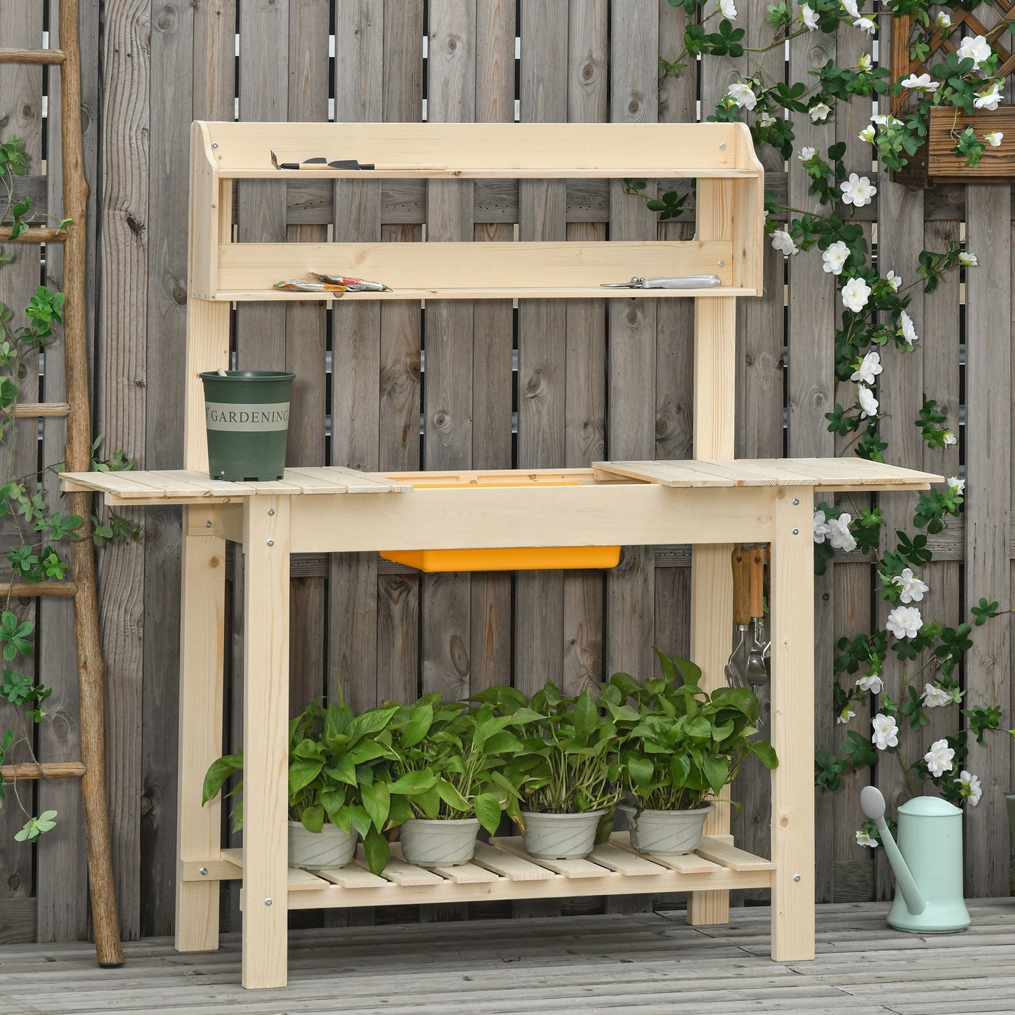 Outsunny work bench for natural wood gardening with integrated tray, shelves and hooks 100x40x140cm - Borgè