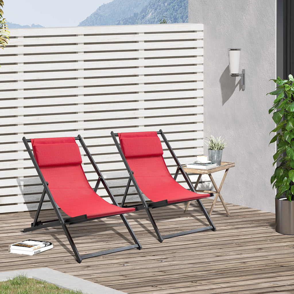 Set of 2 Outdoor Folding and Reclining Deck Chairs in Aluminum, Red, 96.5 x 58 x 91.5cm - Borge' Group Limited