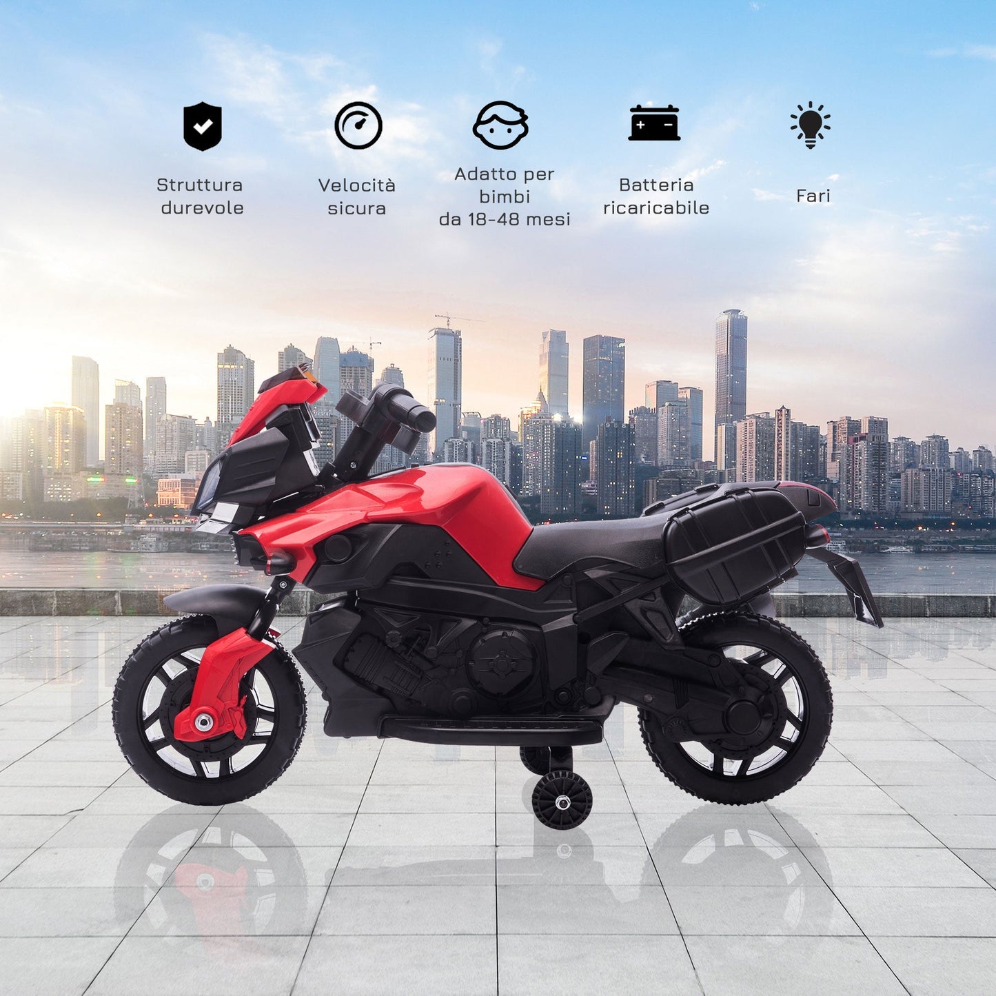 electric motorcycle for children with headlights and clacson, 6v speed 3km/h battery, age 18-48 months, 88.5x42.5x49cm, red - Borgè