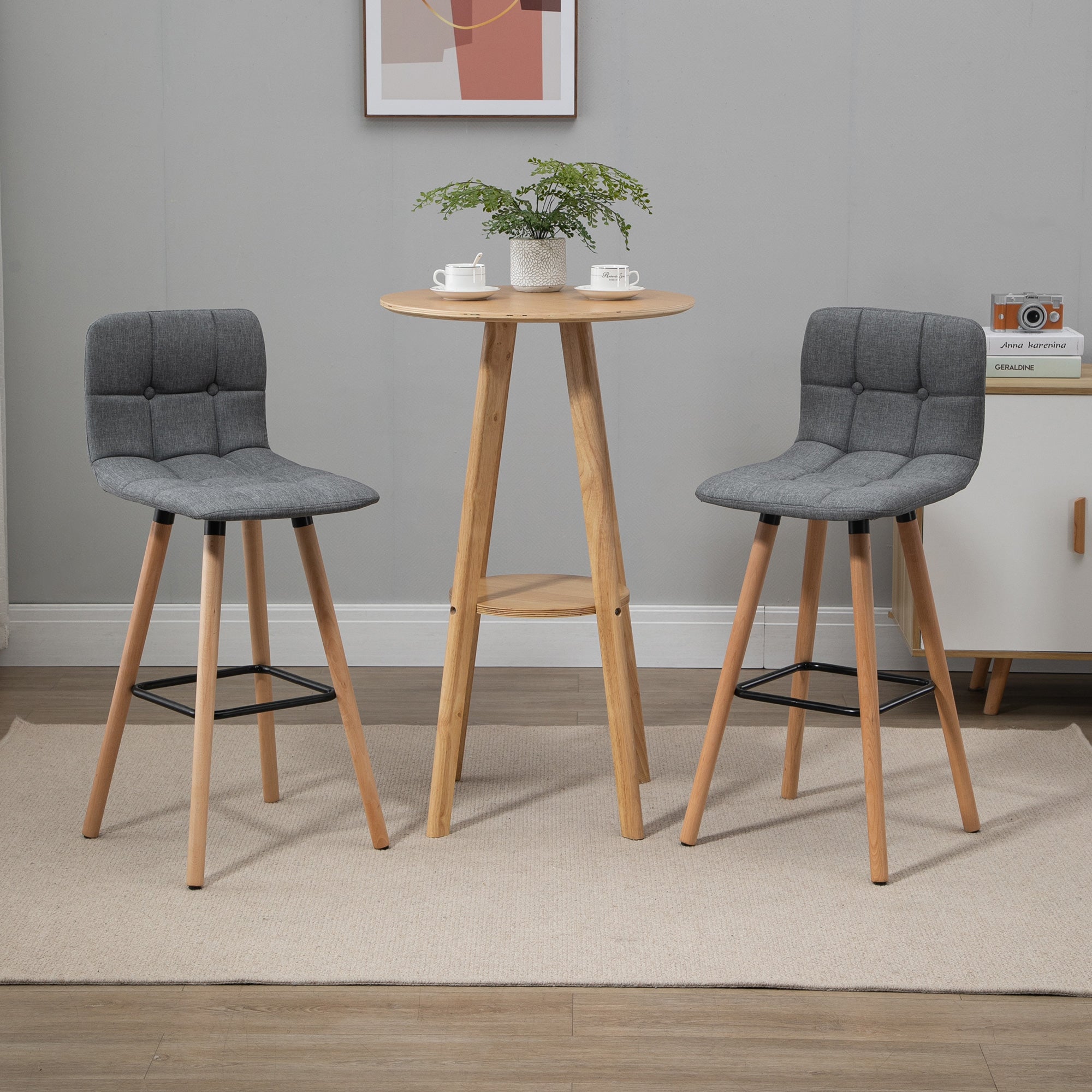 Set 2 bar stools with back and footrests, padded seat in fabric and wooden legs - Grey - Borgè