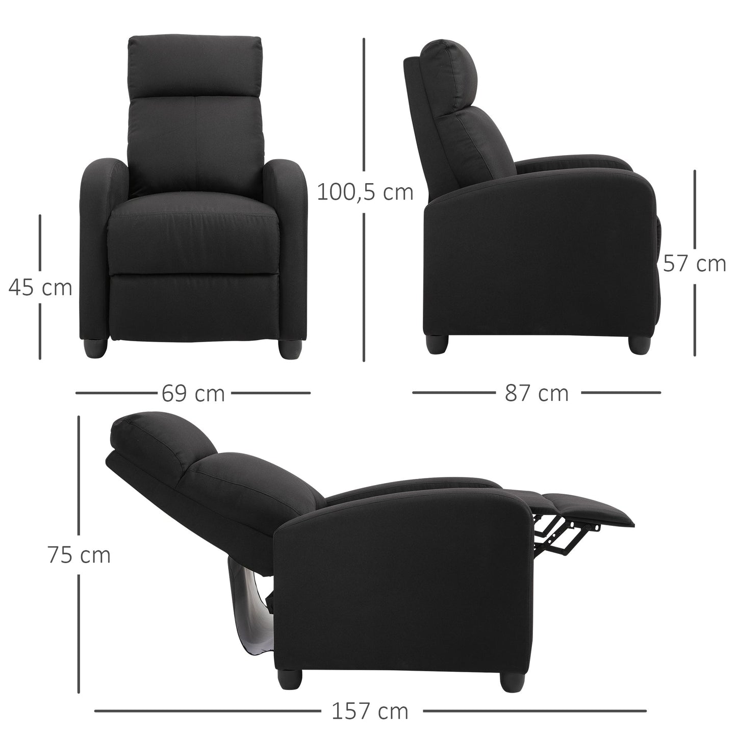 Padded Relax Armchair With Reclinable Back and Pullified Pypiece In Black Fabric