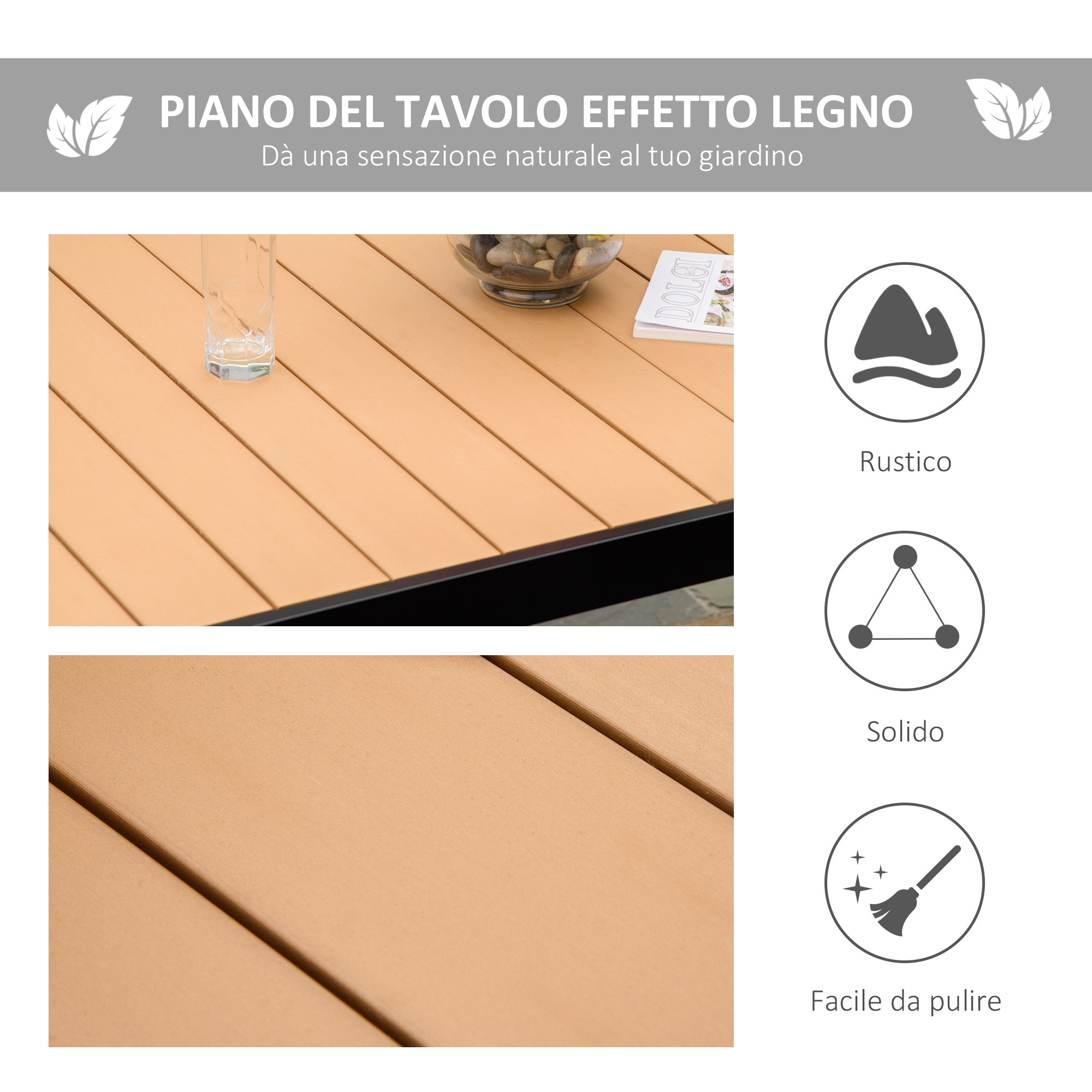 6-Seater Garden Table in Aluminum and Plastic, Black and Wood Color - Borge' Group Limited