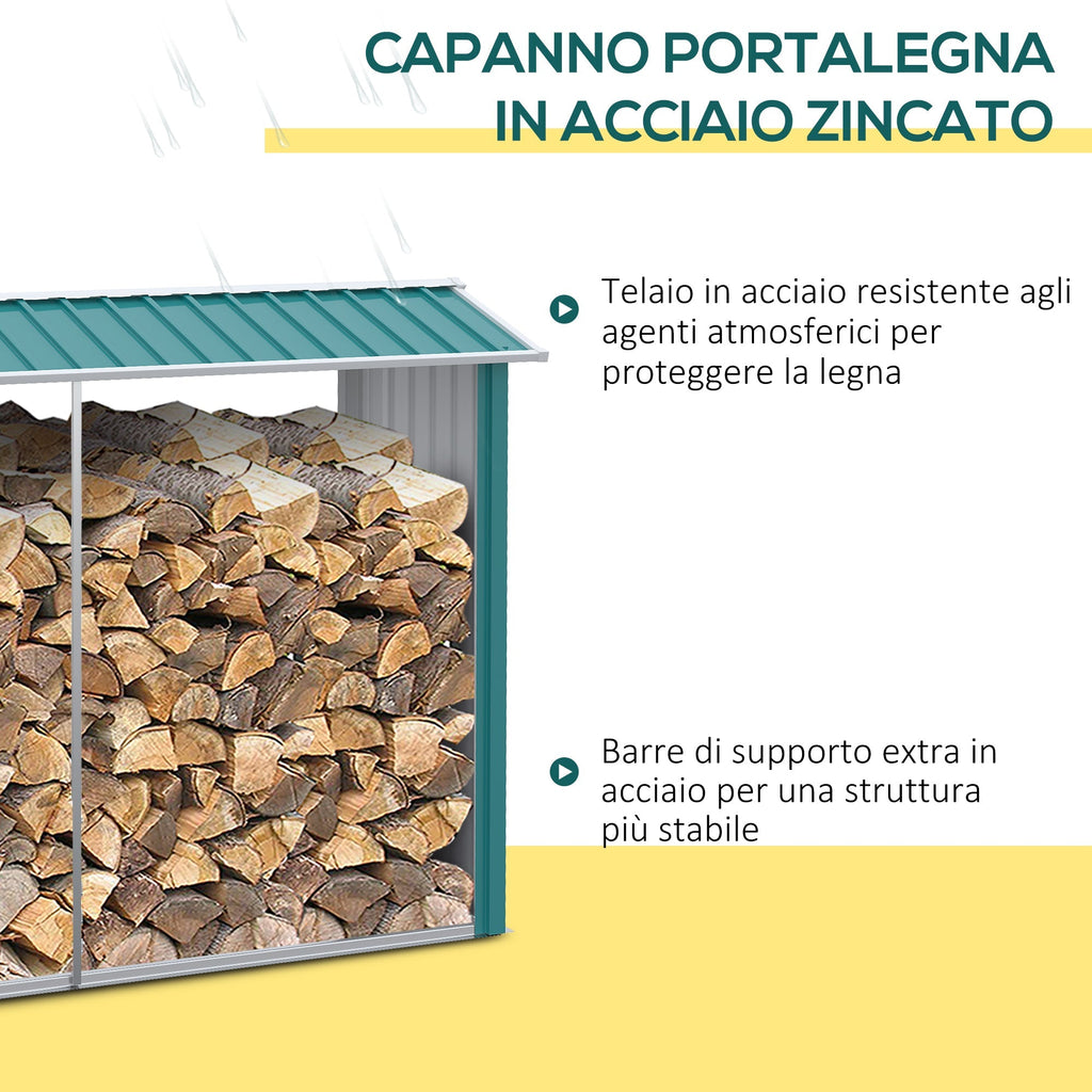 Woodshed with Galvanized Steel Frame and Raised Base, 240x 86x160cm, Green - Borge' Group Limited