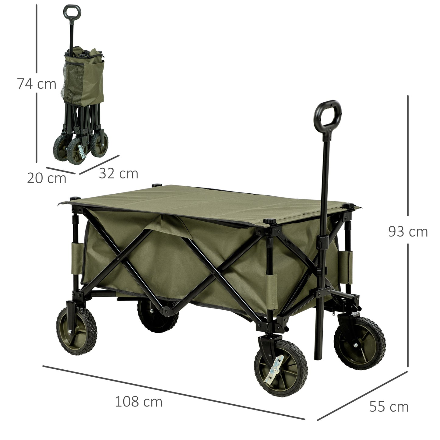 Outsunny garden trolley 125l folding with handle and 5 bags, 108x55x93 cm, green - Borgè