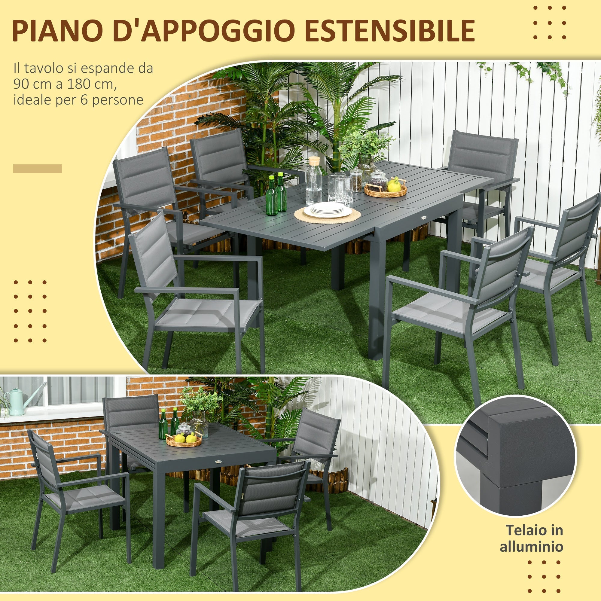 Extendable Aluminum Garden Table and 6 Chairs Set with Breathable Seat, Grey - Borge' Group Limited