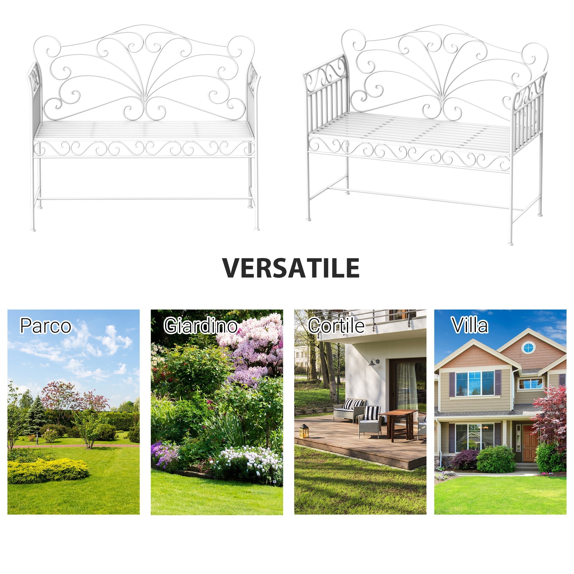 2-Seater Outdoor Bench, Romantic Style Iron Garden Bench 113.5 x 50 x 96cm White - Borge' Group Limited