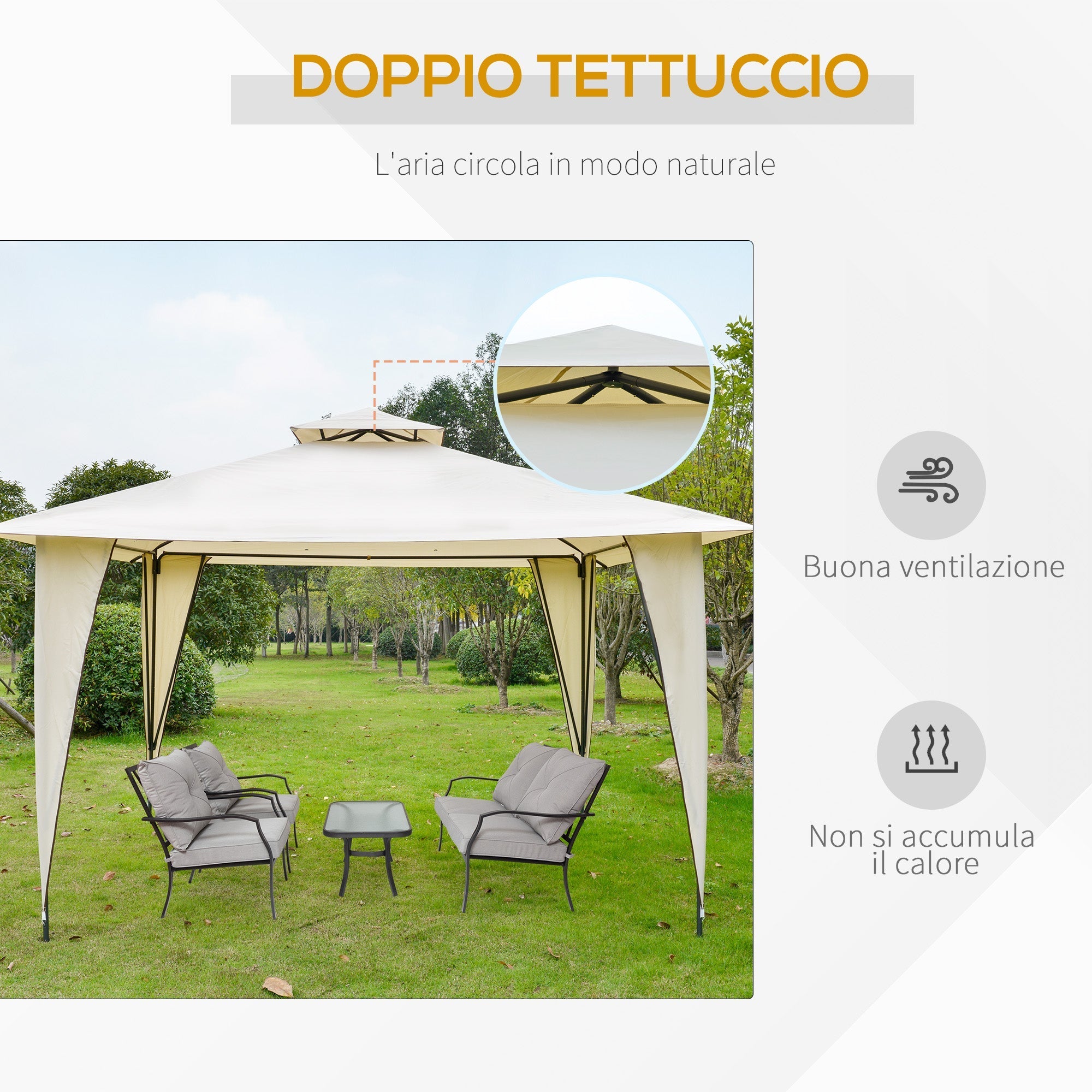 Beige Metal and Polyester Garden Gazebo with Double Roof 3.5x3.5m - Borge' Group Limited
