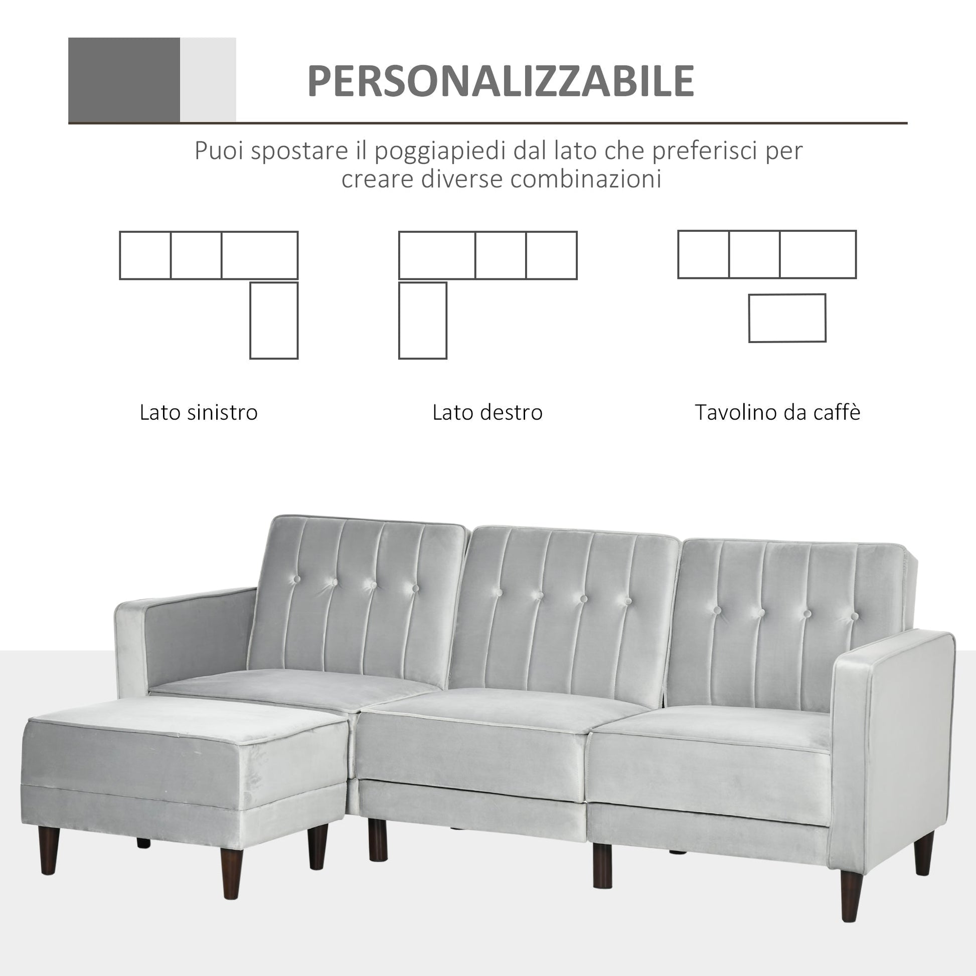 sofa bed 3 seats with footrest and reclining back, velvet coating and padded seat, 218x85x86 cm, light Grey - Borgè