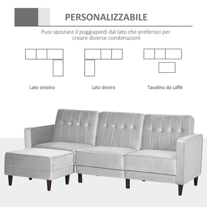 sofa bed 3 seats with footrest and reclining back, velvet coating and padded seat, 218x85x86 cm, light Grey - Borgè