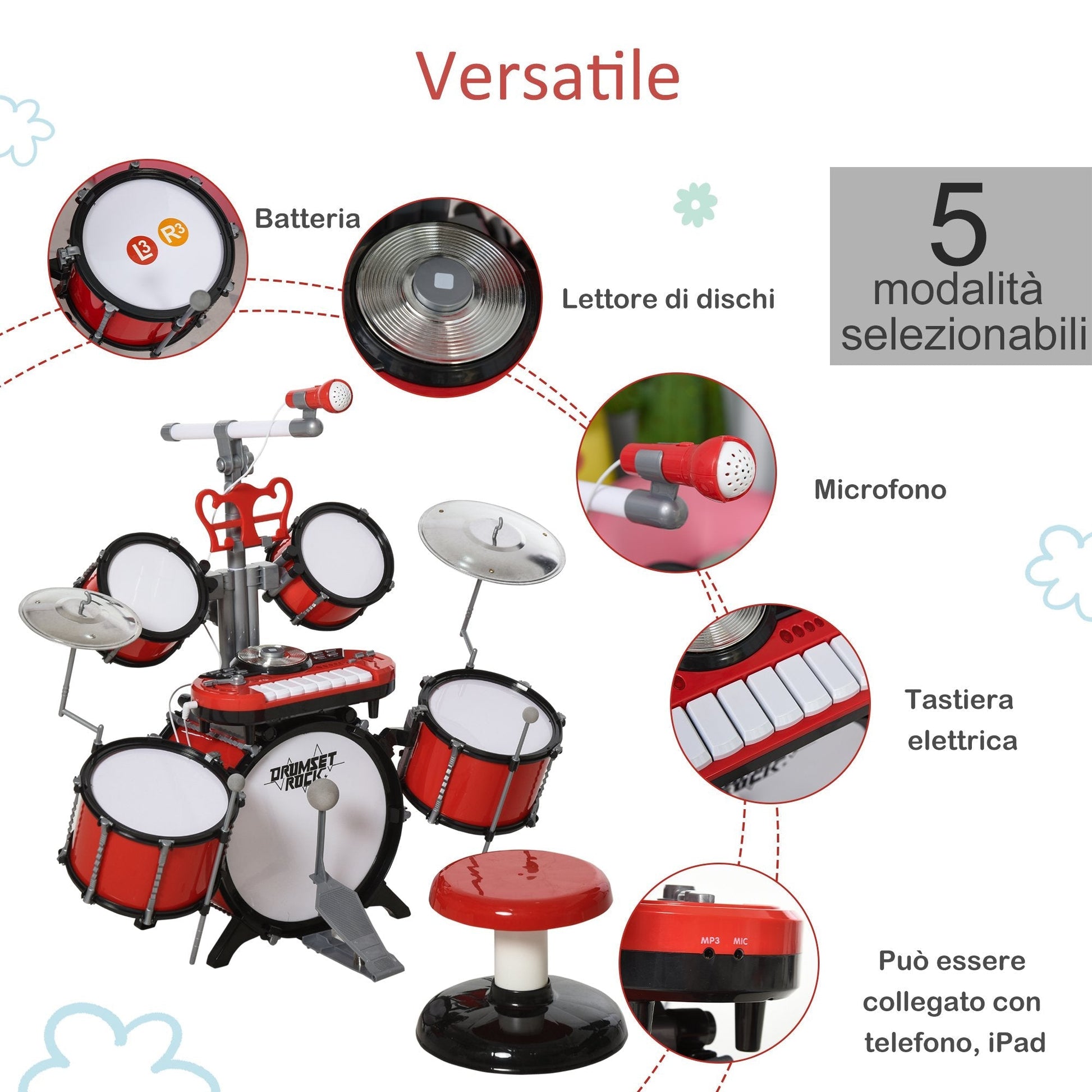 Homcom Set Battery for children with musical instruments, sound effects and toy microphone, 77.5 x 40 x 76.5cm, red - Borgè