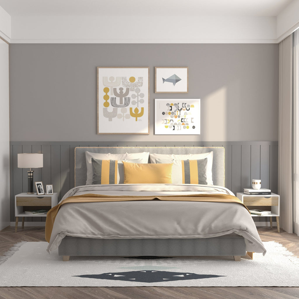 Homcom set of 2 bedside tables with drawer and shelf, raised base and wooden legs, 50x39x51cm, white and oak - Borgè