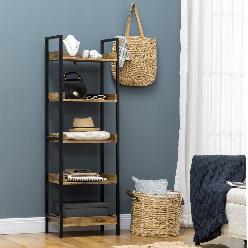 Homond industrial style bookcase with 5 wooden and metal shelves, 48x30x155cm, rustic brown - Borgè