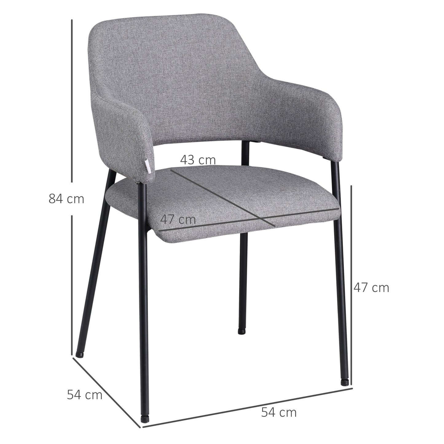 sets with 2 modern fabric padded chairs with armrests and steel legs, 54x54x84cm, Grey - Borgè