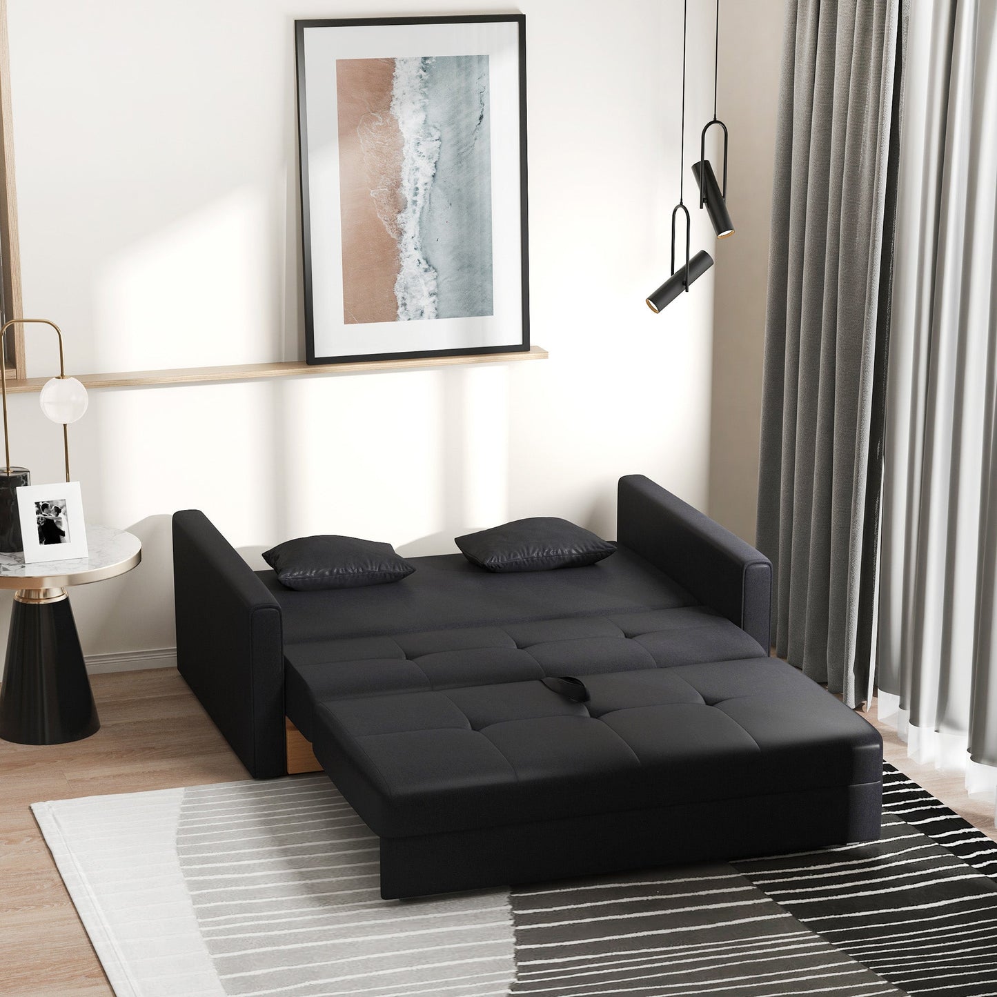 Sofa bed with storage space / 2 seater Sofa for living room and bedroom, in polycotone and rubber, dark Grey/Black - Borgè