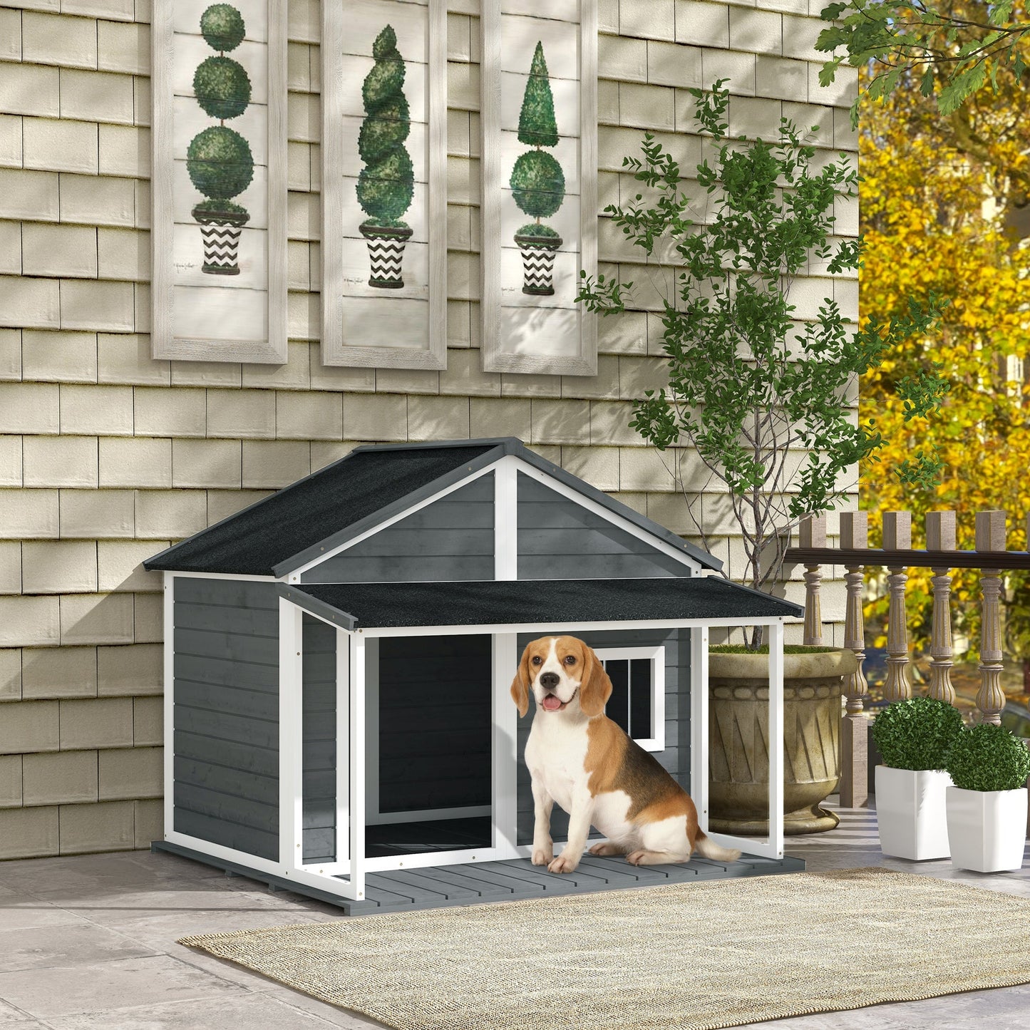 PAWHUT KNEW FOR OUROD DOGS WITH CARE, WINDOW AND Waterproof roof, 124x112x105cm, Grey