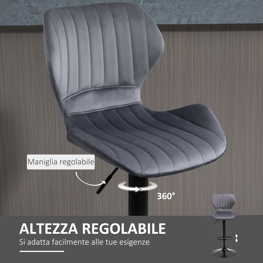 ALICE | Set of 2 Grey Velvet Bar Stools with adjustable height and footrests - Borgè