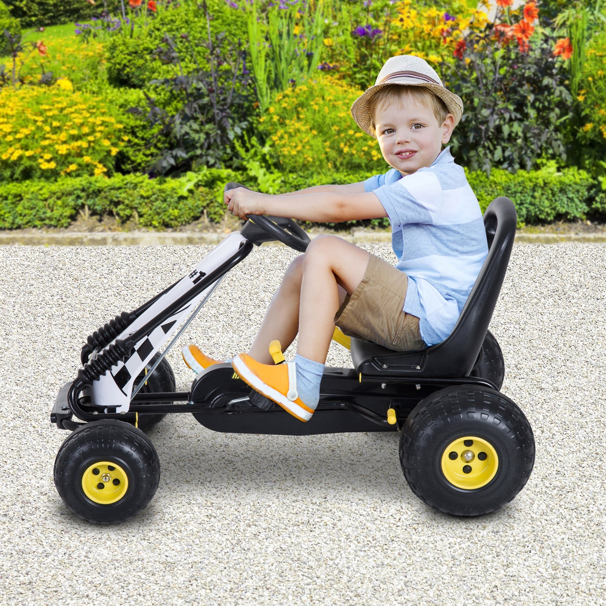 Go-Kart with Pedals for Children with Adjustable Seat, Brake and Clutch, 95x66.5x57cm, White Black - Borgè