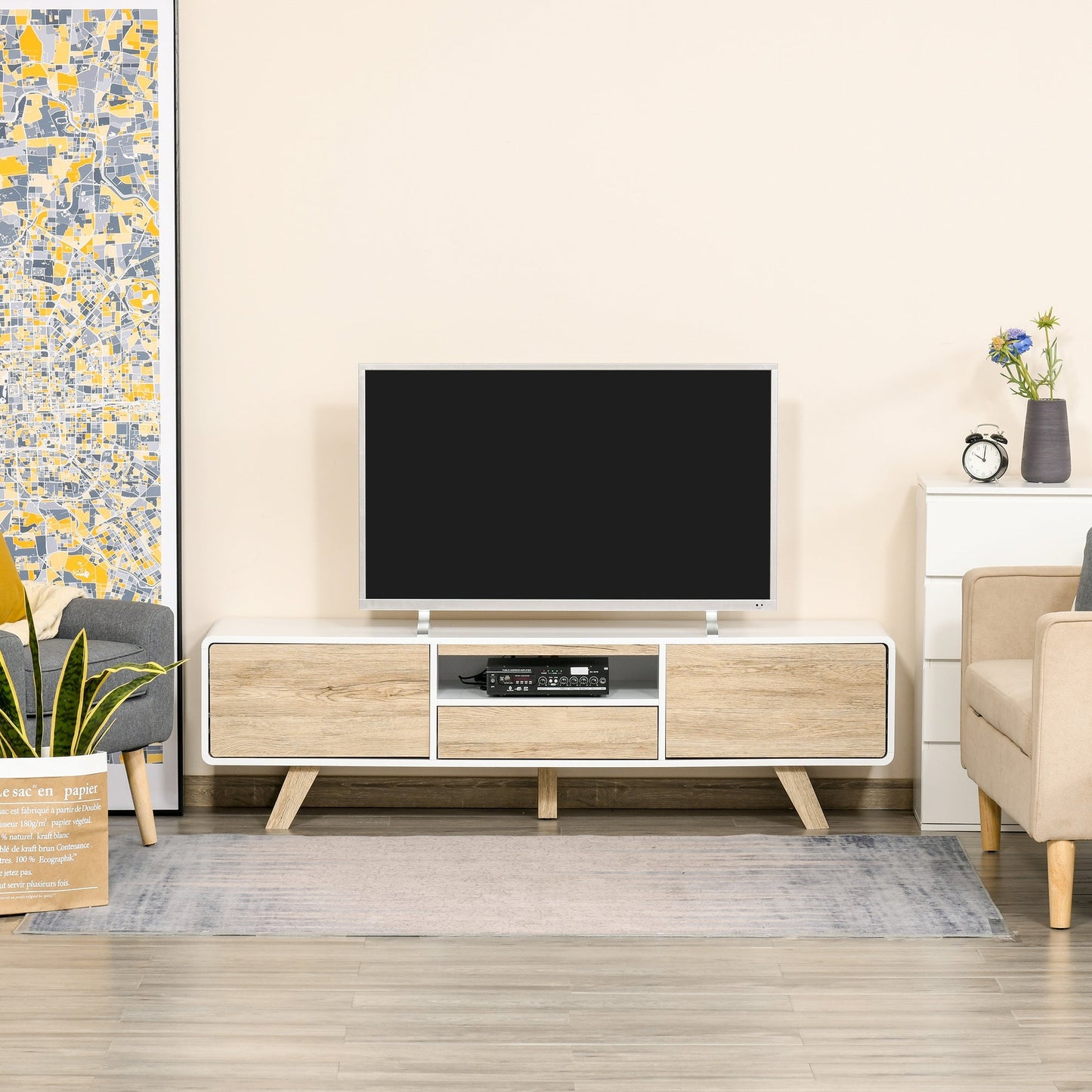 Mobile TV holder with doors and drawer for TV up to 60 '' in white MDF and wood 160x40x45cm - Borgè