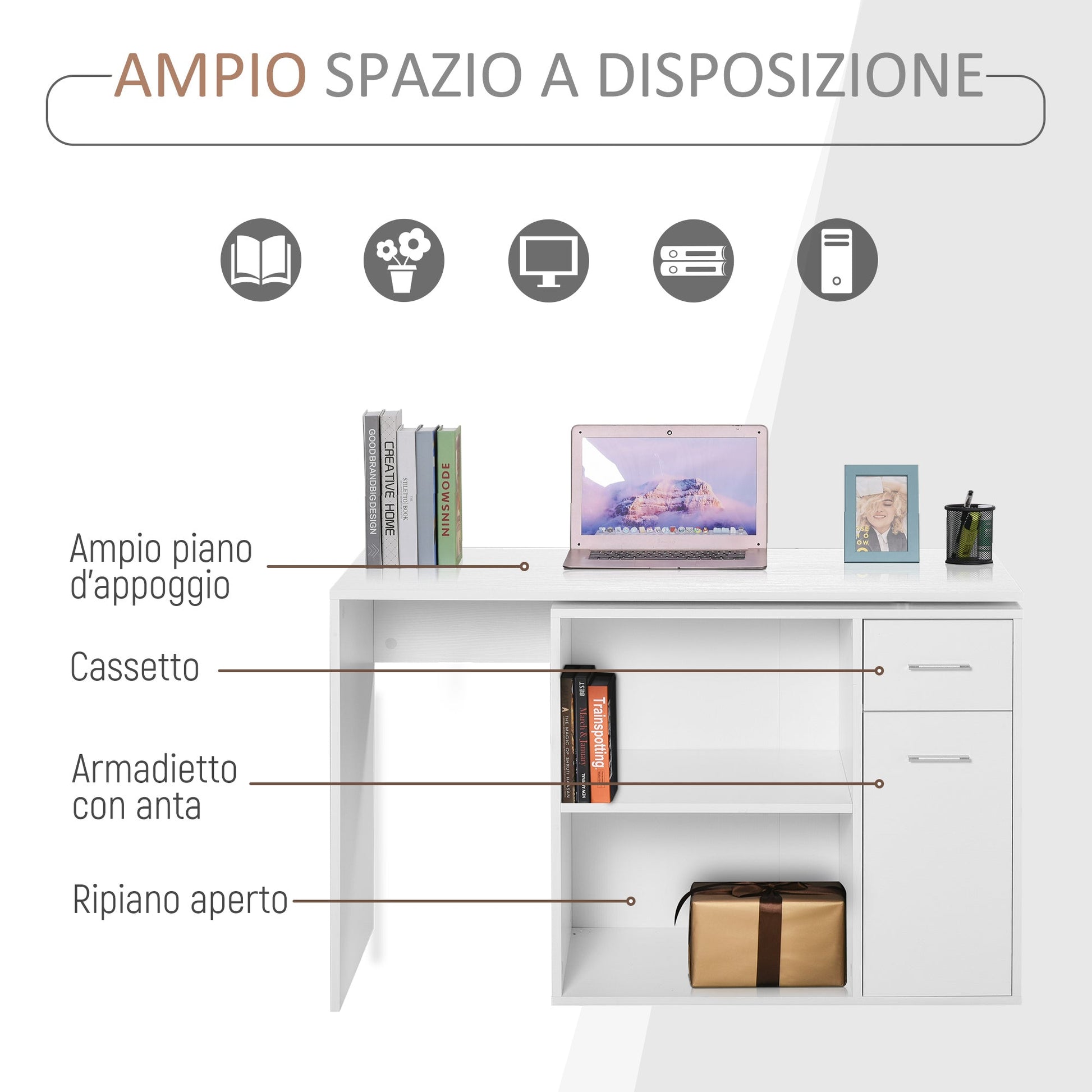 Corner Desk / Standard Desk with removable drawers and 360 ° White Shelf - Borgè