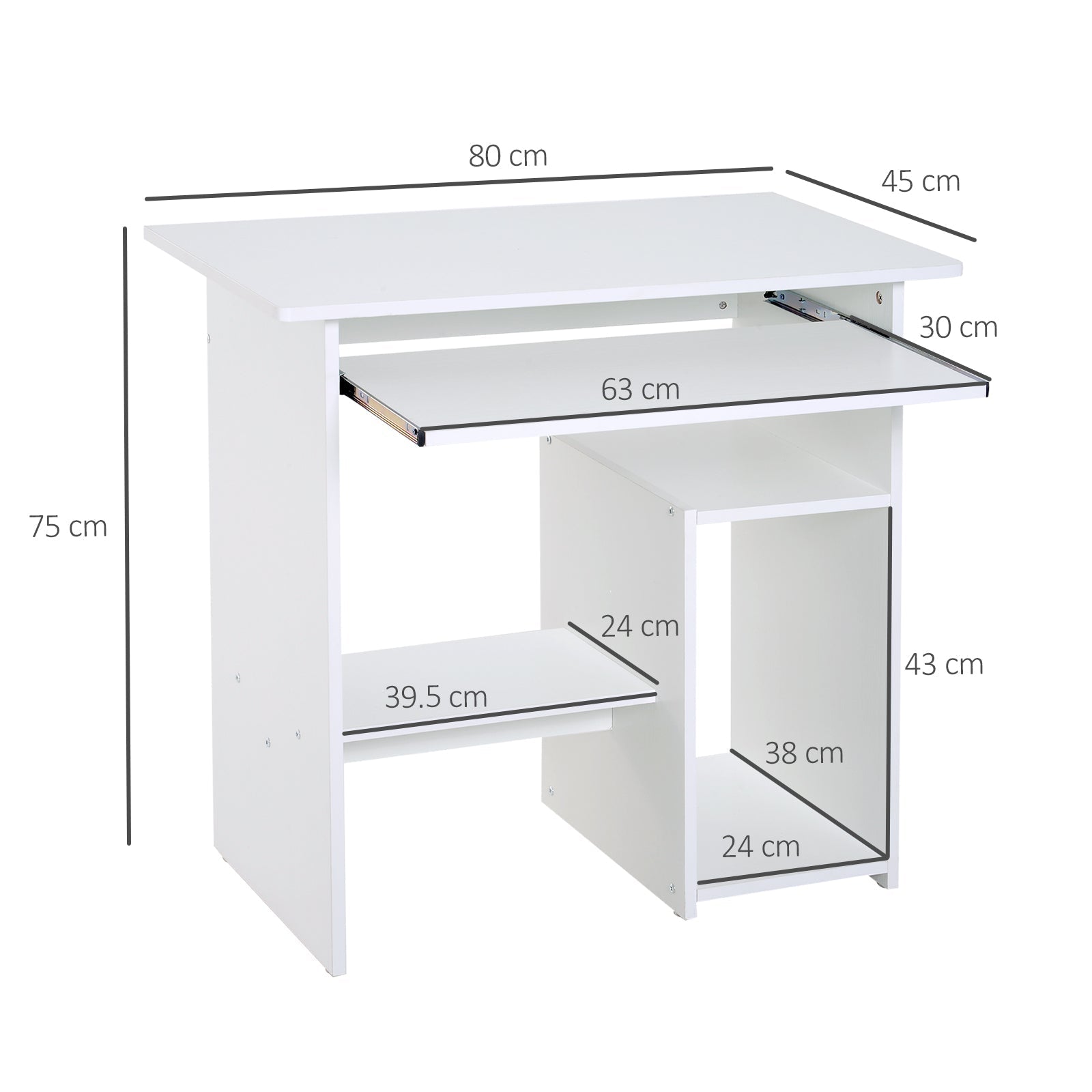 compact desk with shelves and shelf removable wooden keyboard, 80x45x75cm, white - Borgè