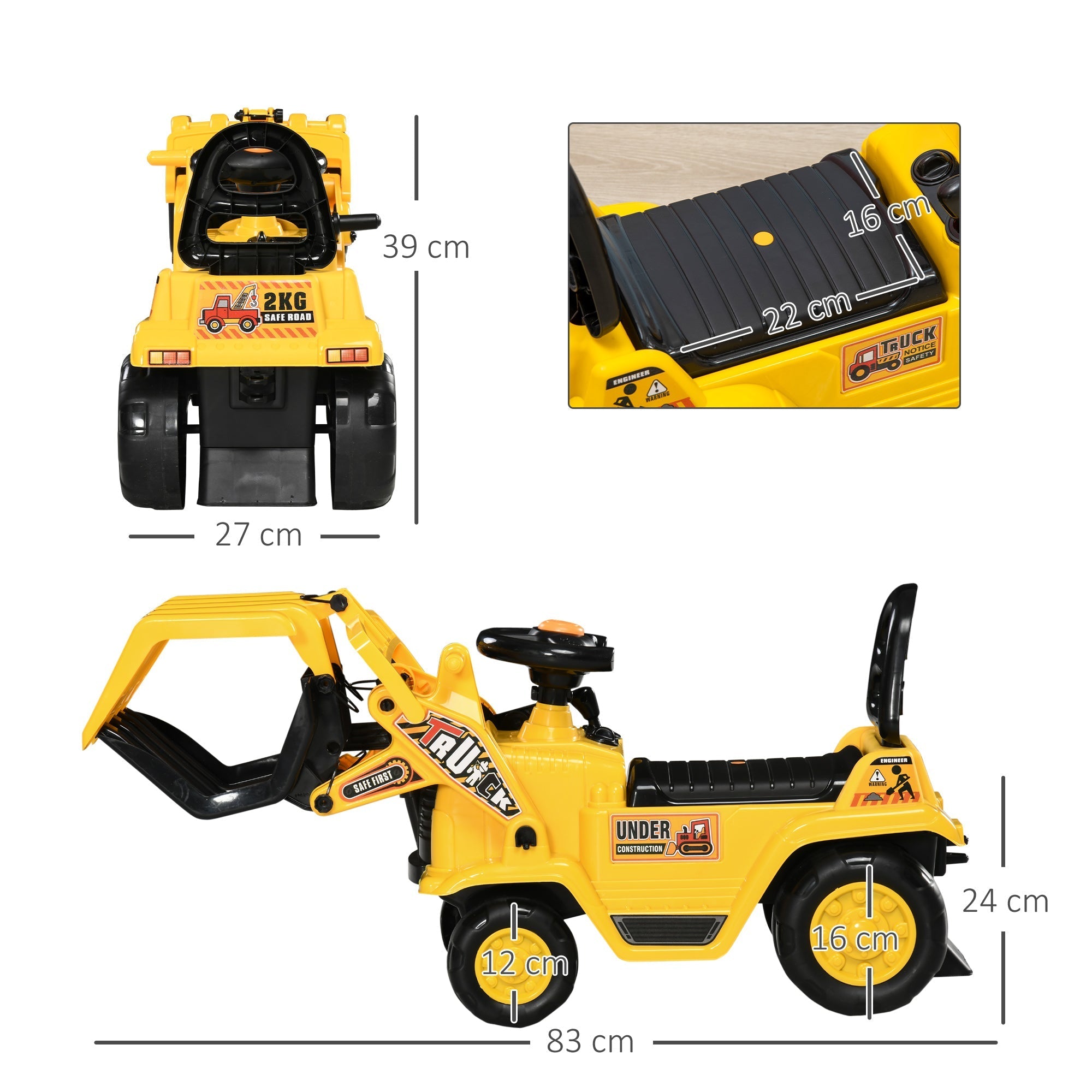 Children's Excavator 3-4 years with Pinza, button for sounds and storage space, 83x27x39 cm, yellow and black - Borgè