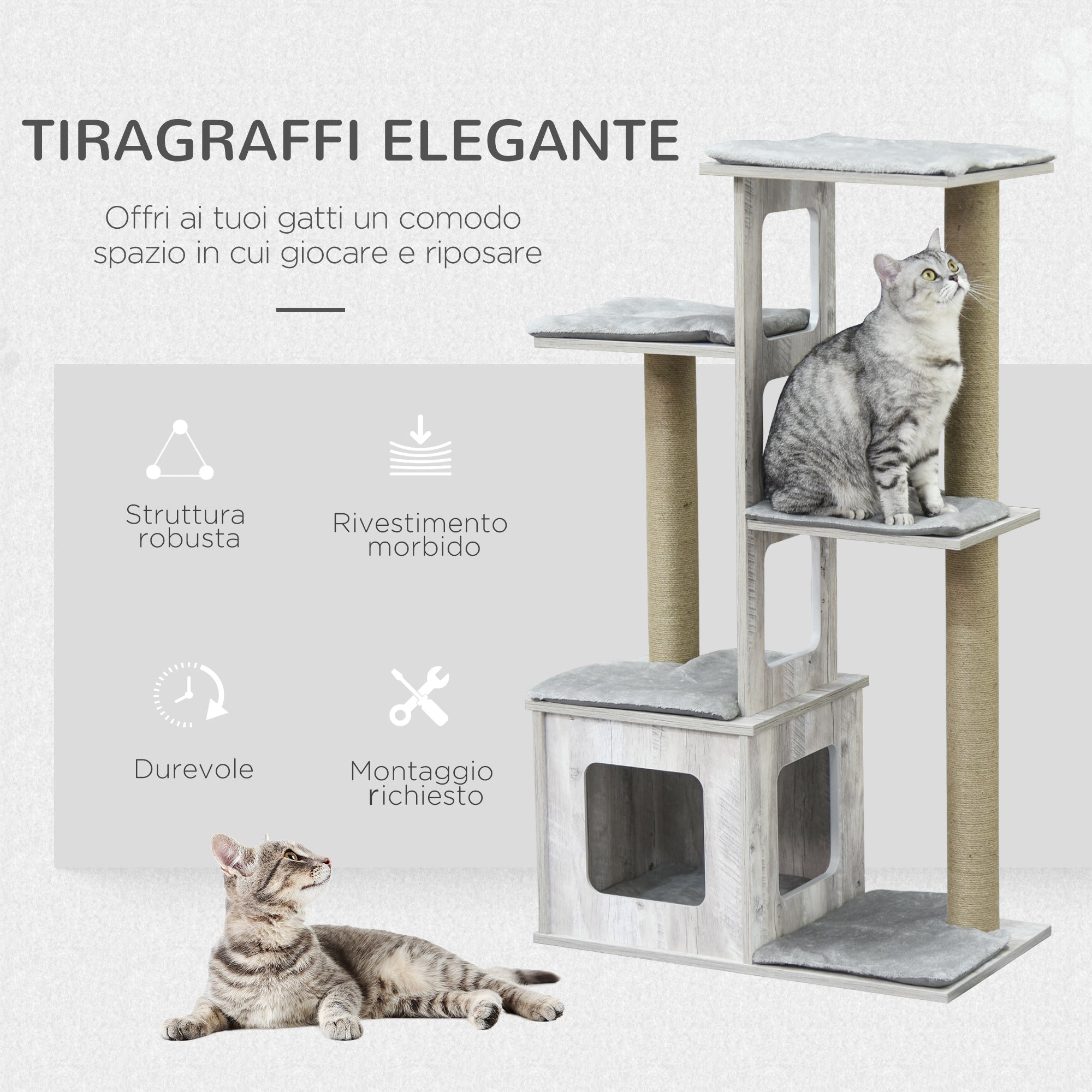 Multi level Cat Tree for cats with Scratch Pole, Grey - Borge' Group Limited