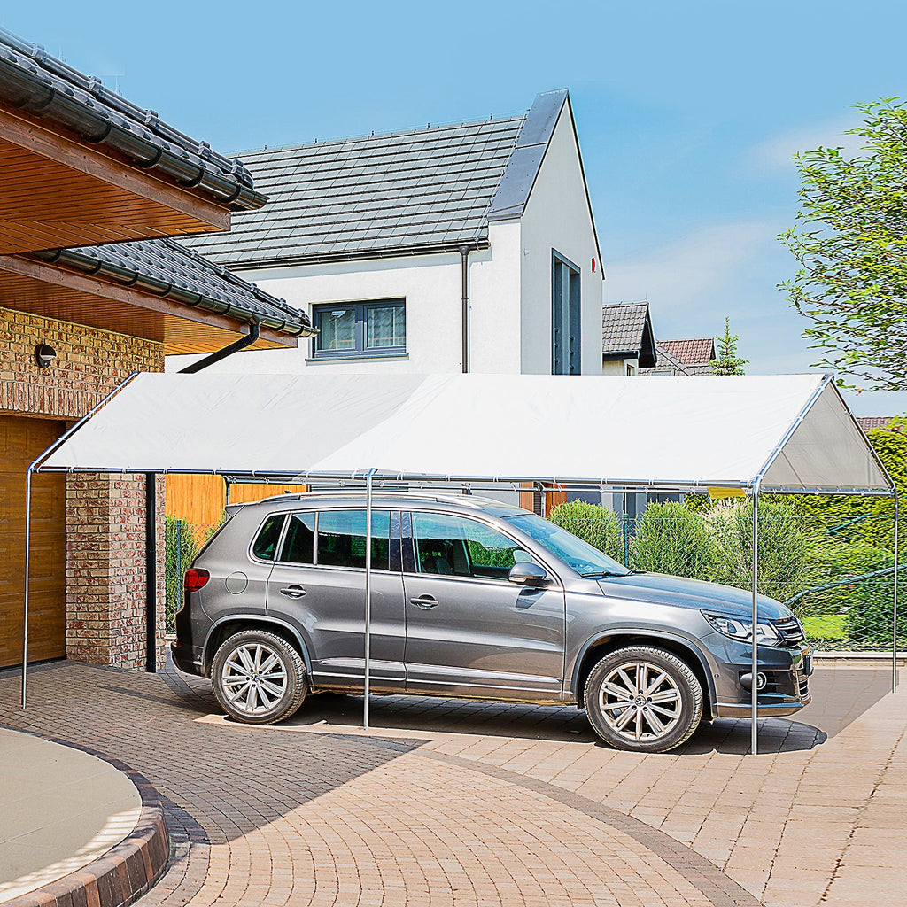 Galvanized Steel Car Awning with Anchoring Kit, 5.95x2.94x2.6m - White - Borge' Group Limited