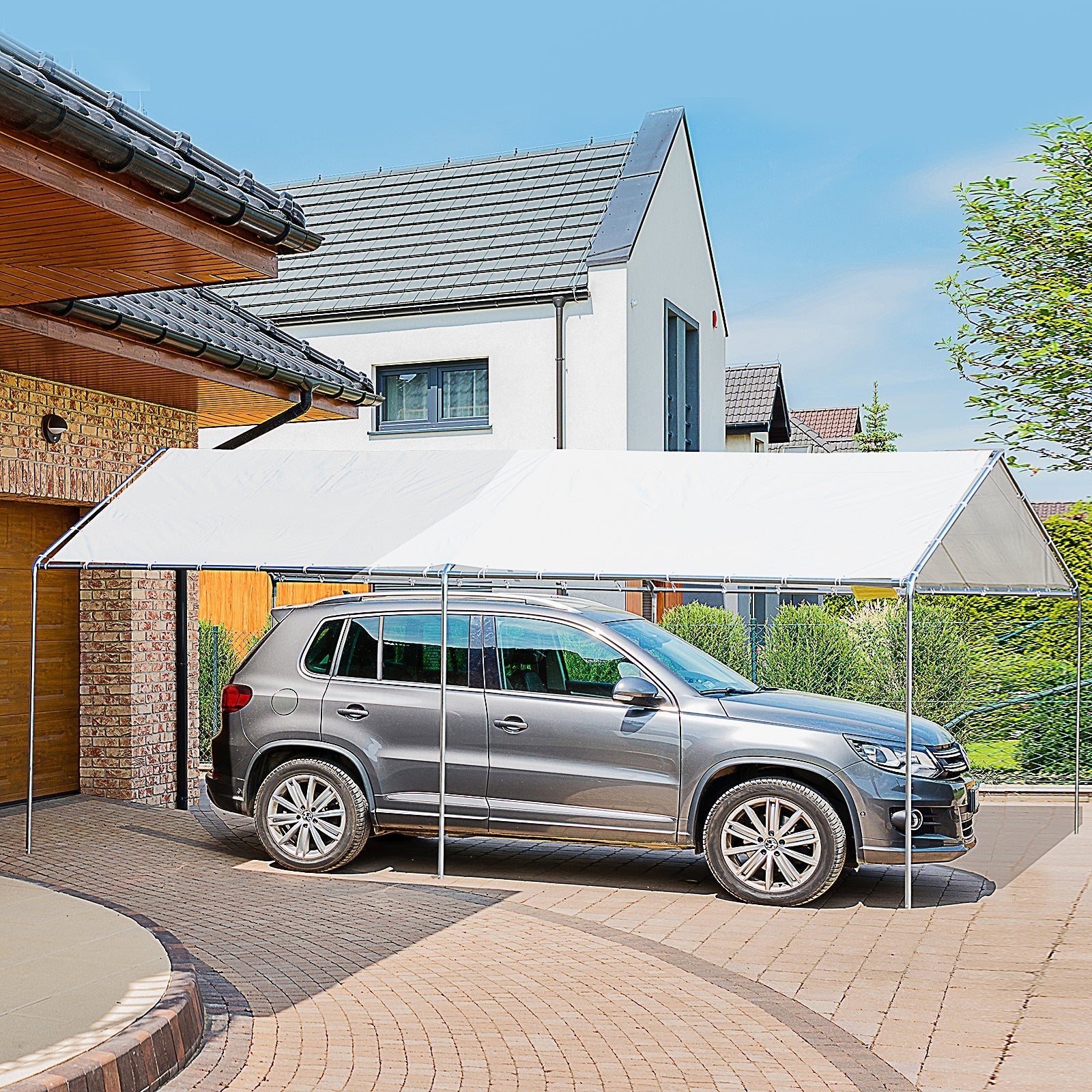 Galvanized Steel Car Awning with Anchoring Kit, 5.95x2.94x2.6m - White - Borge' Group Limited