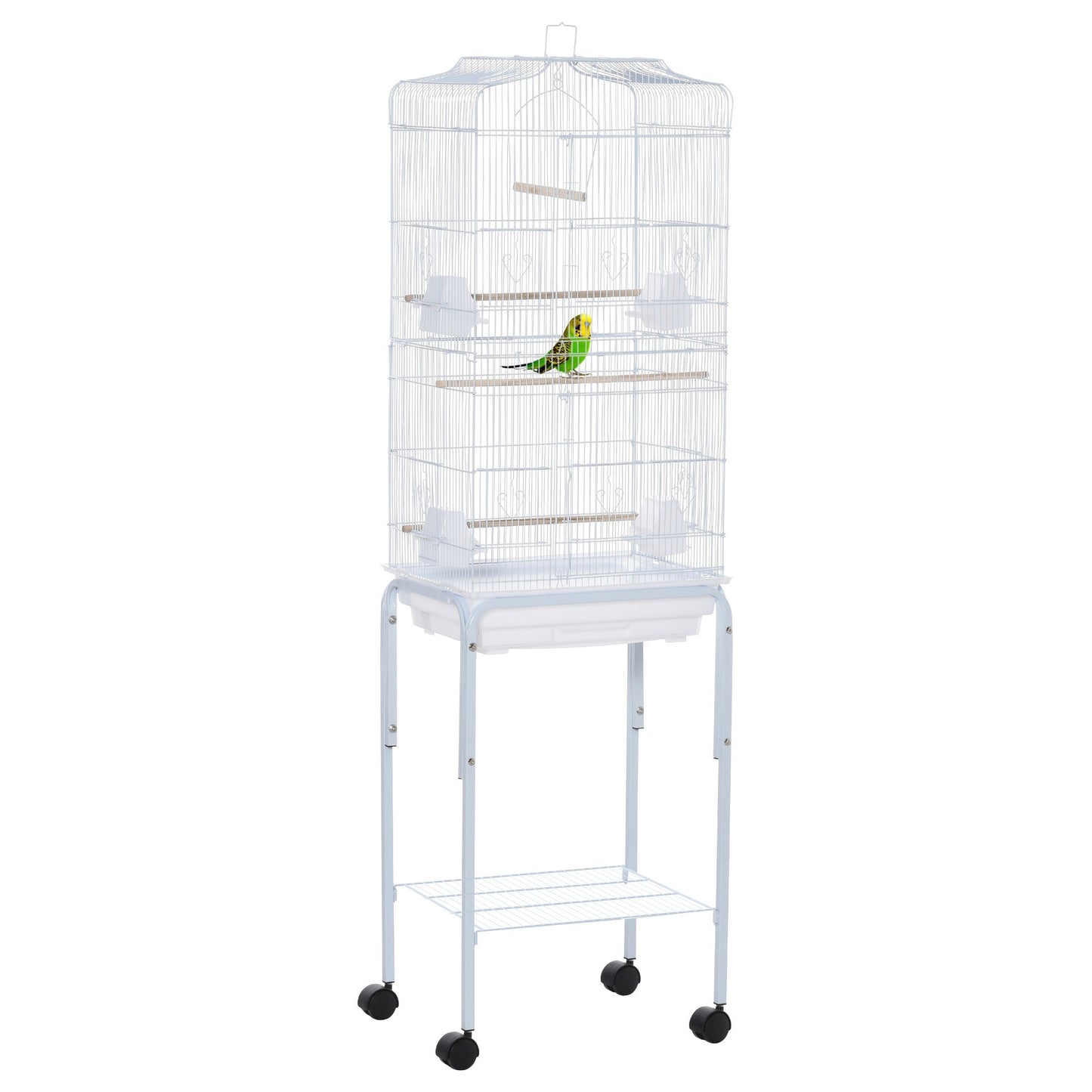 Pawhut bird cage, metal and steel aviary with wheels, tree and bowls, 46.5x36x157cm - white - Borgè