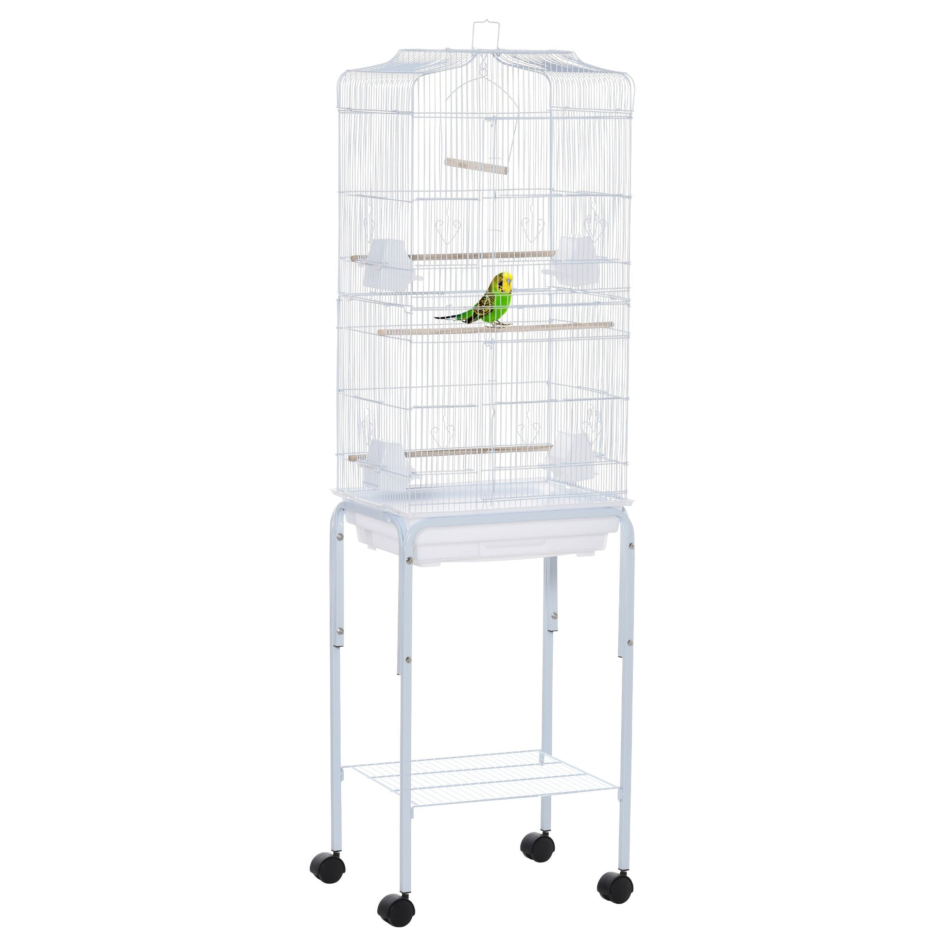 Pawhut bird cage, metal and steel aviary with wheels, tree and bowls, 46.5x36x157cm - white - Borgè