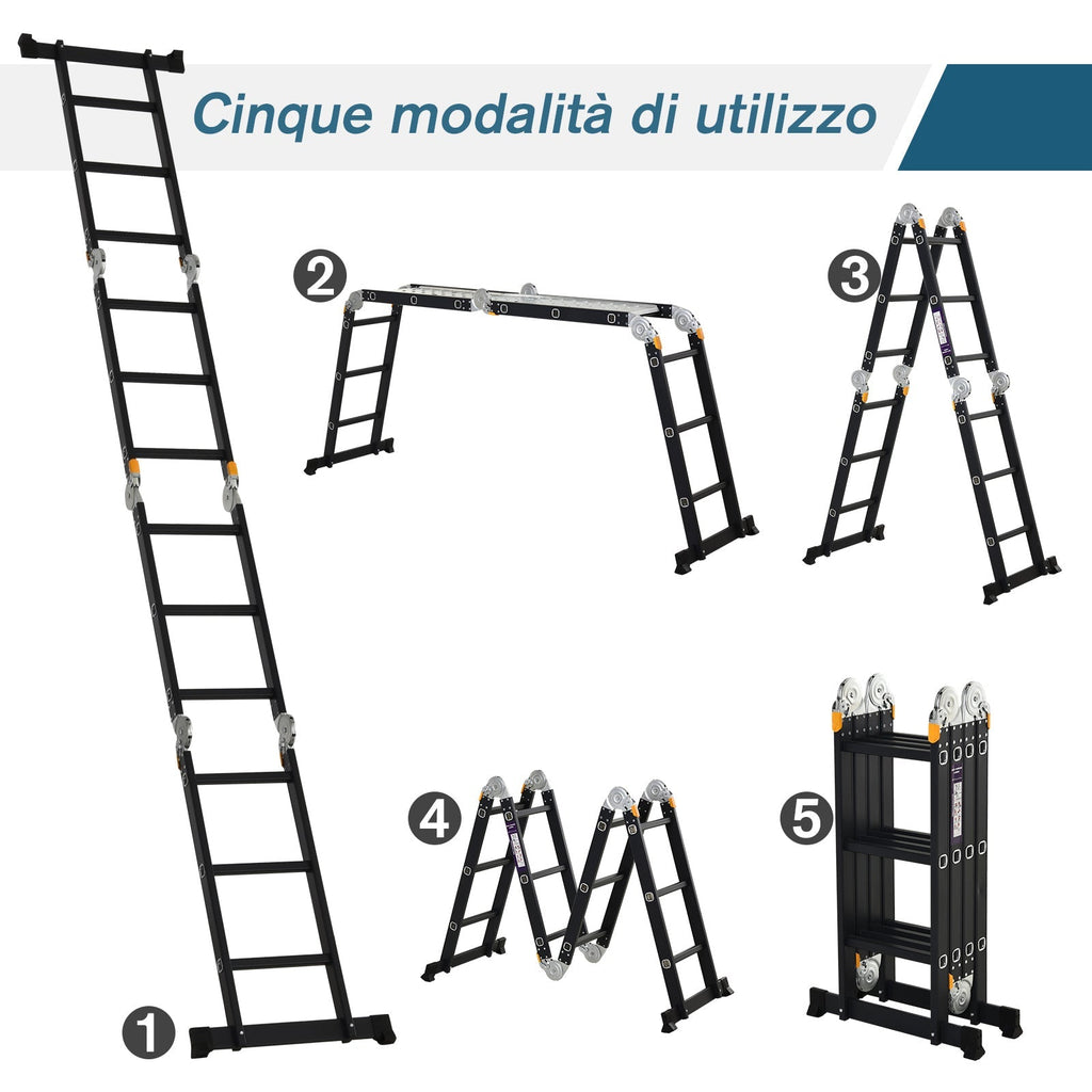 Durhand Aluminum scale 5 in 1 black for interiors and exteriors, maximum load 150kg, 370x61x11 cm - Borgè