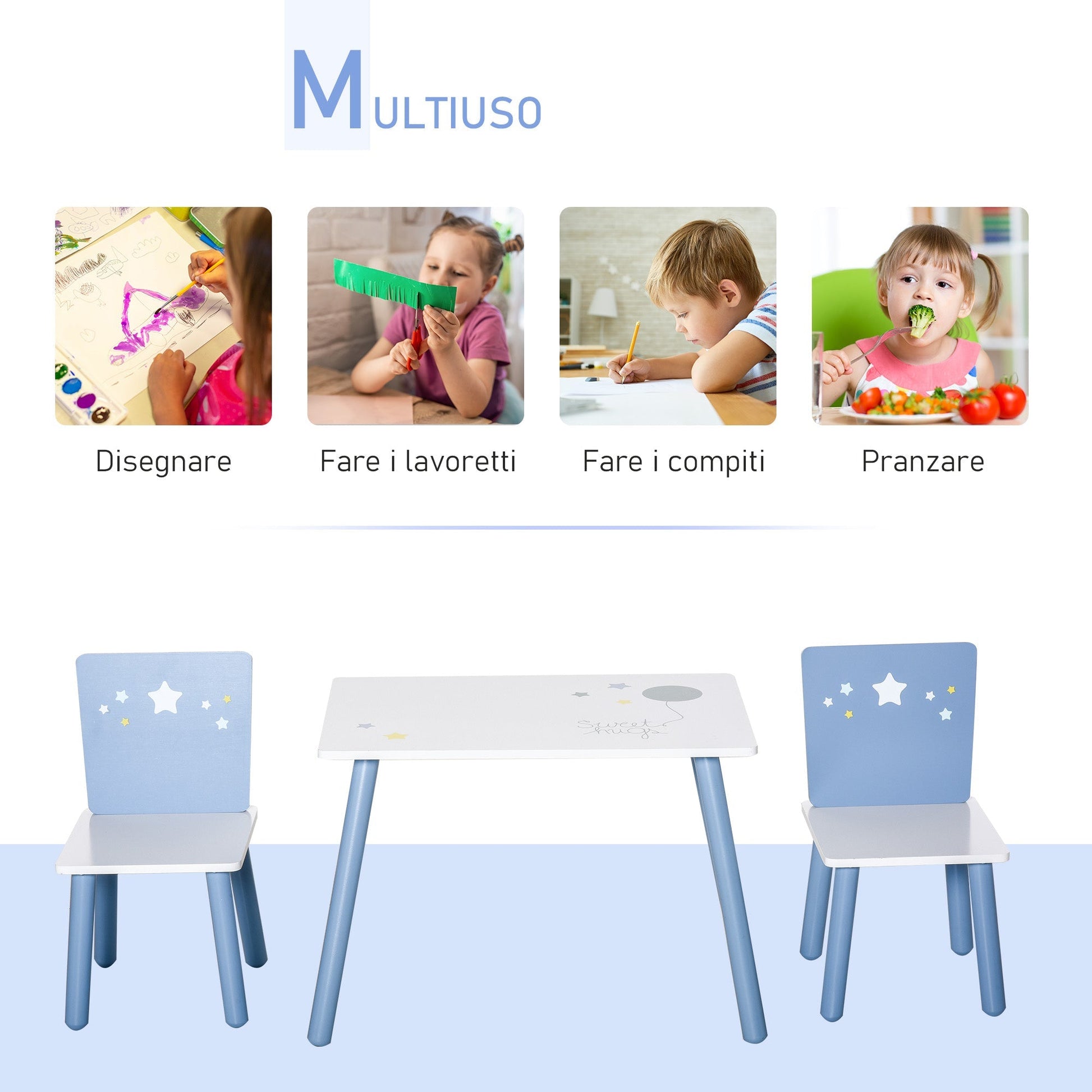 Homcom table with chairs for children and girls 2-6 years in blue and white wood - Borgè