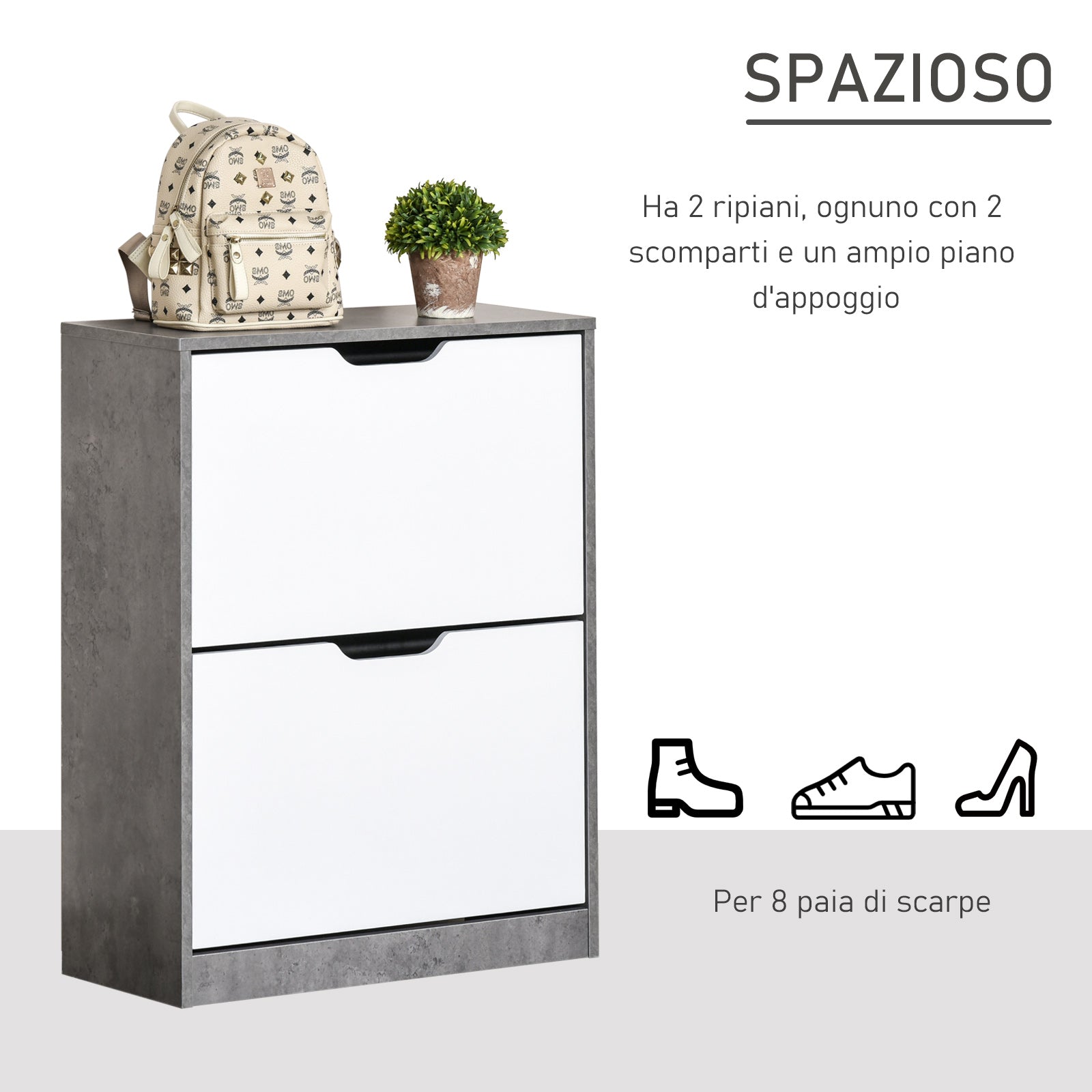 Mobile Mobile SCANDIER WITH 2 ATHI for 8 pairs of shoes, Modern Grey and White Furniture, 62.5x24x81cm - Borgè