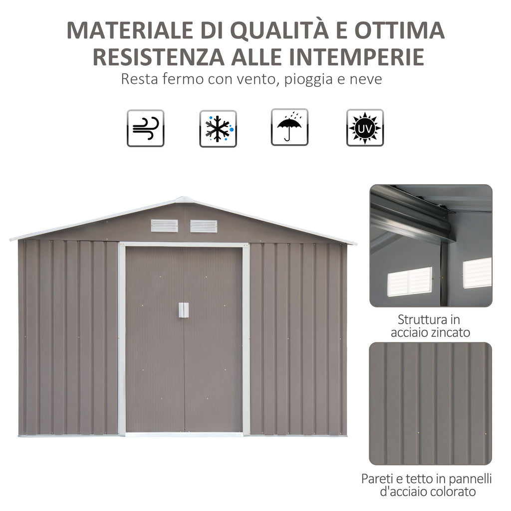 Garden Shed with Double Sliding Doors Steel Sheet, Steel Garden Shed, 277x195x192cm, Grey - Borge' Group Limited