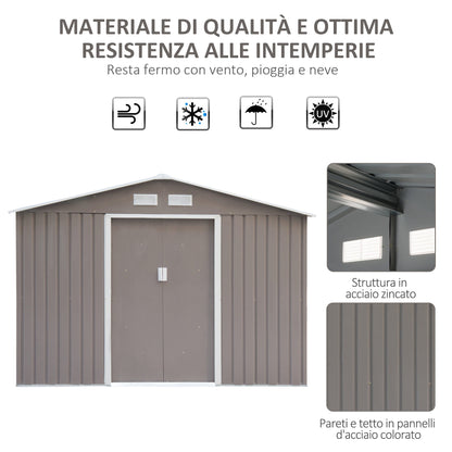 Outsunny garden house with double sliding doors in steel sheet metal, steel garden shed, 277x195x192cm, Grey - Borgè