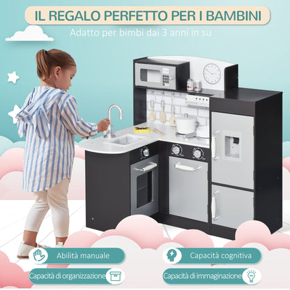 Kitchen for Children in Wooden Children With 14 Accessories, Oven, Sink, Frigo and Microwave, age 3+ years, 86x64x84.5cm, silver and brown - Borgè