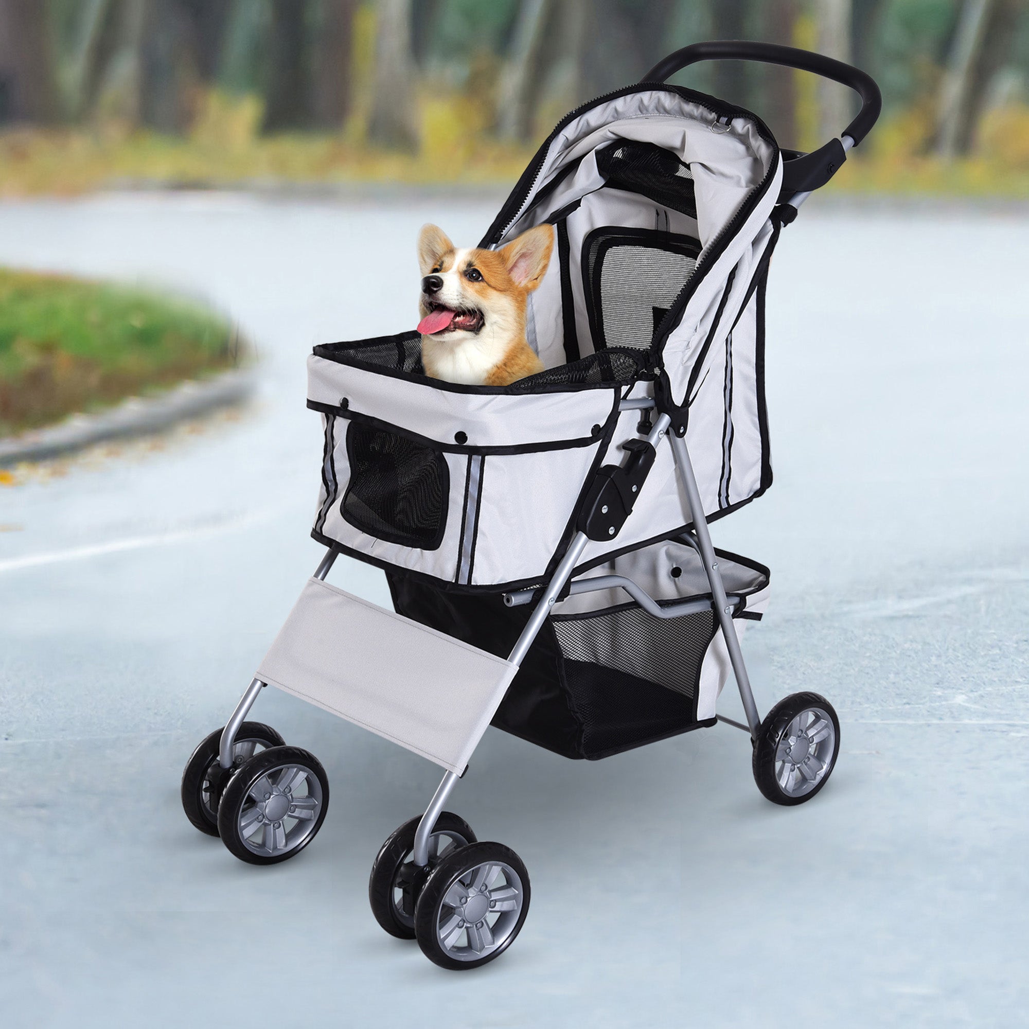 Foldable Fabric Dog Stroller with Basket and Cup Holder, 75x45x97cm - Grey - Borge' Group Limited