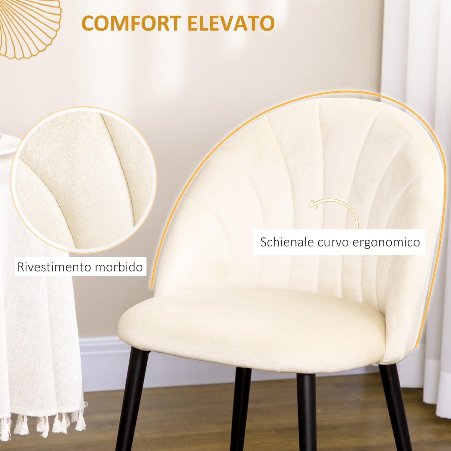 Set of 2 Living/Dining Padded Chairs , Metal and Beige Velvet Effect , 52x54x79 cm | - Borgè