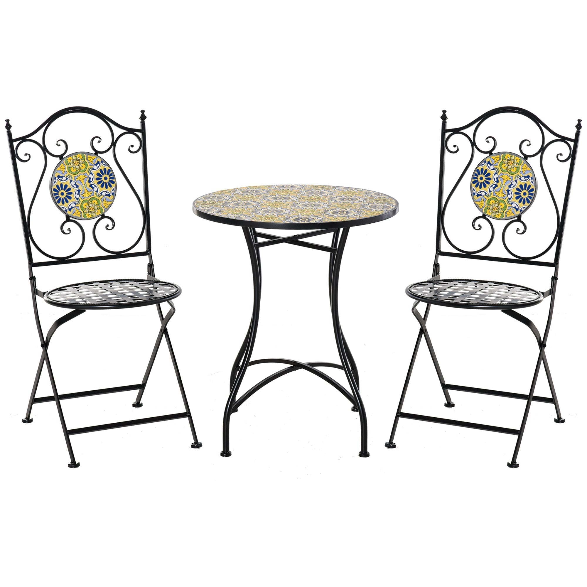 MAIOLICA | Mosaic 3 Piece Balcony Table and Chair Set, Folding Metal Garden Set with Colorful Majolica, Multicolor - Borge' Group Limited