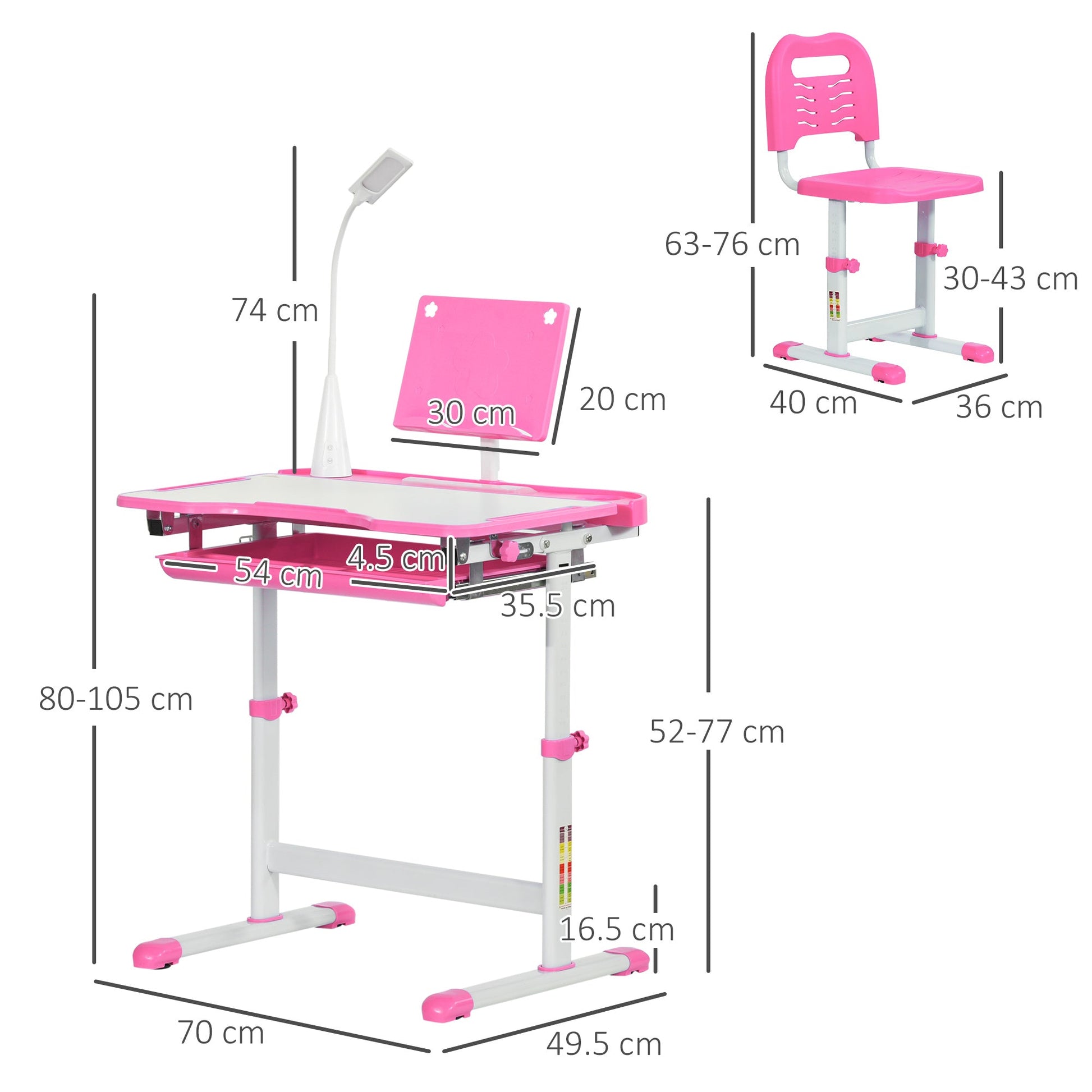 School Desk with Chair for Children 6-12 Years, 70x49. 5x80-105 cm, Pink - Borgè