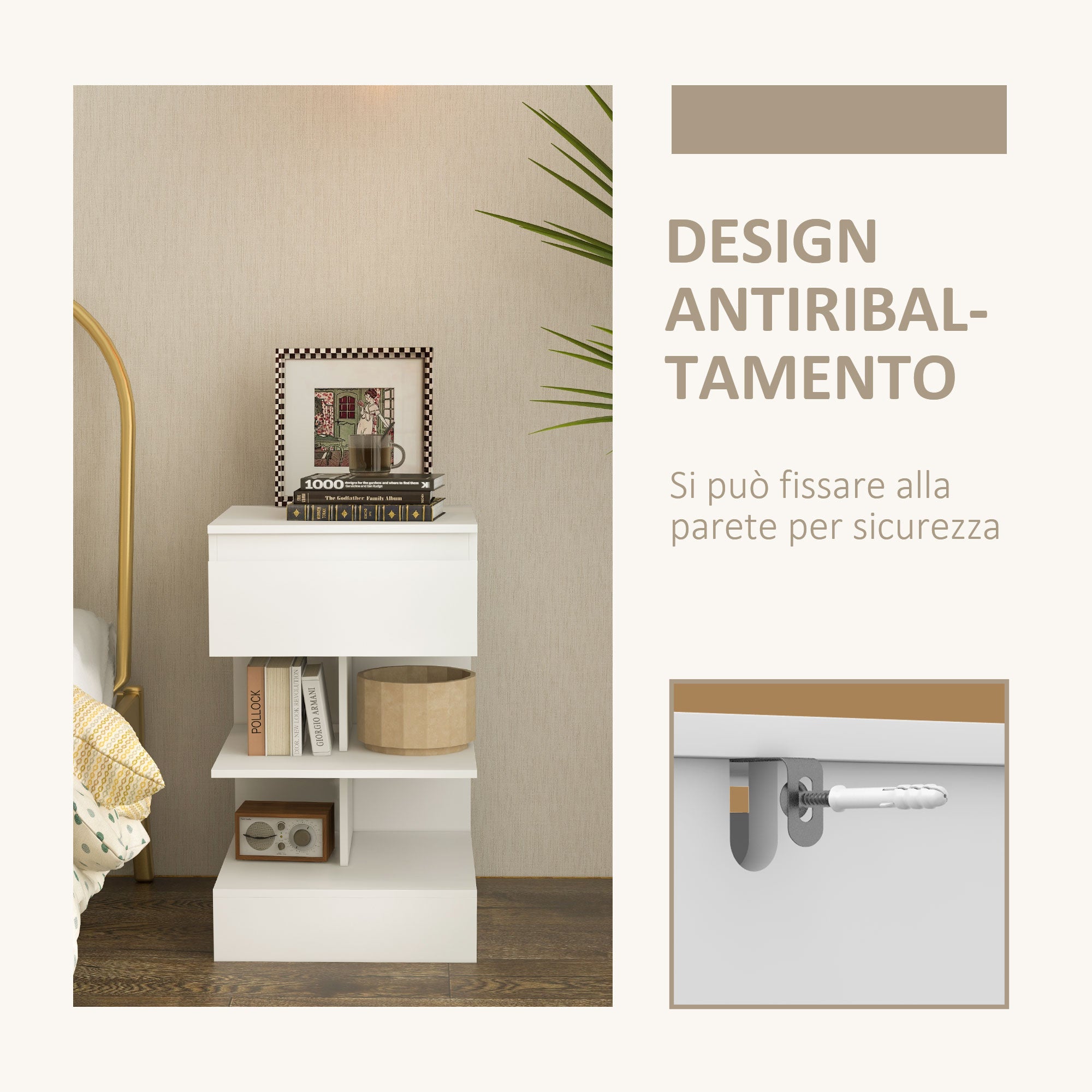 Homcom modern bedside table in chipboard and mdf with a drawer and 2 shelves, 39x39x65 cm, white - Borgè